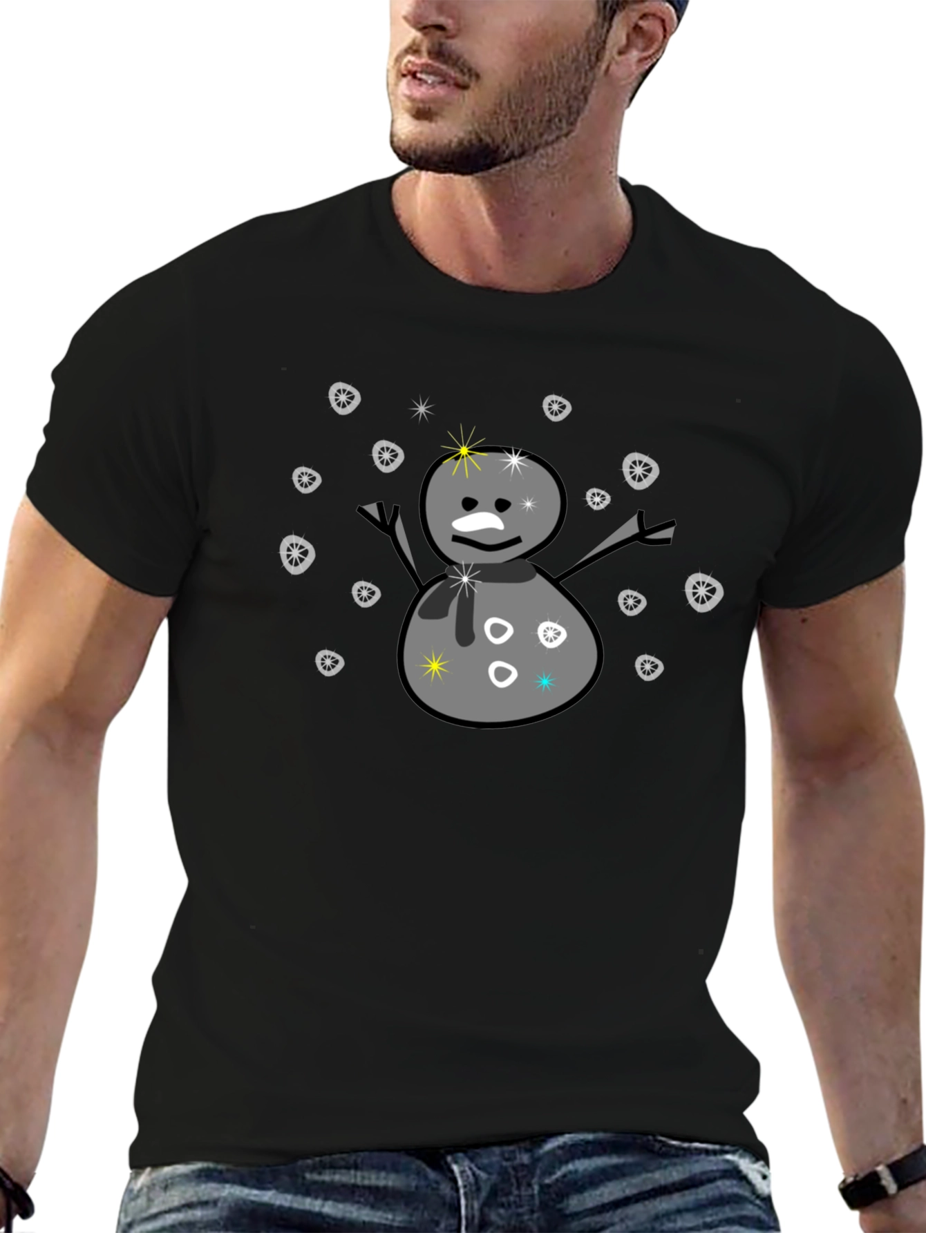 Snowman Graphic Tee - Black Cotton Blend T-Shirt