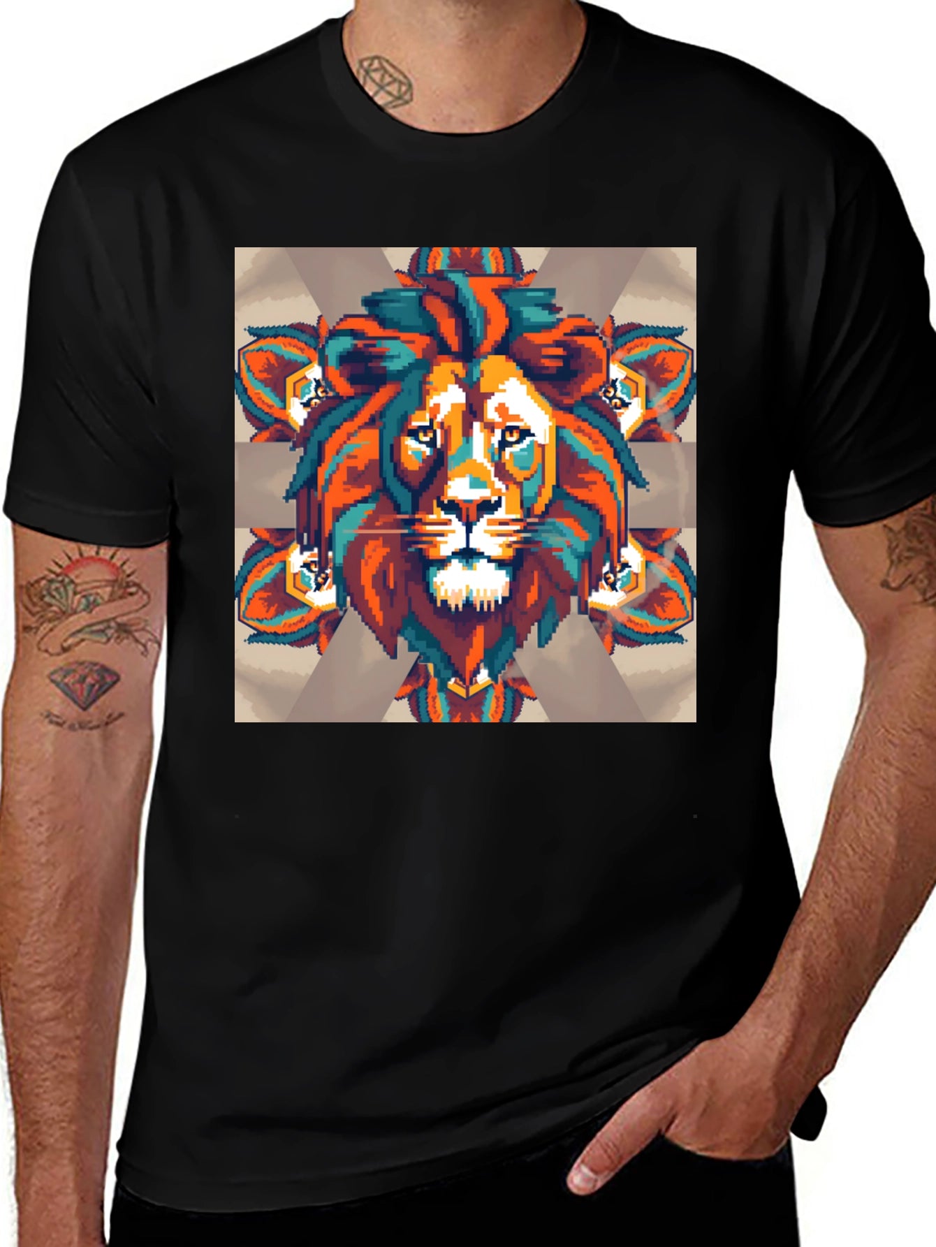 Pixel Lion Graphic Tee - Black Cotton Blend