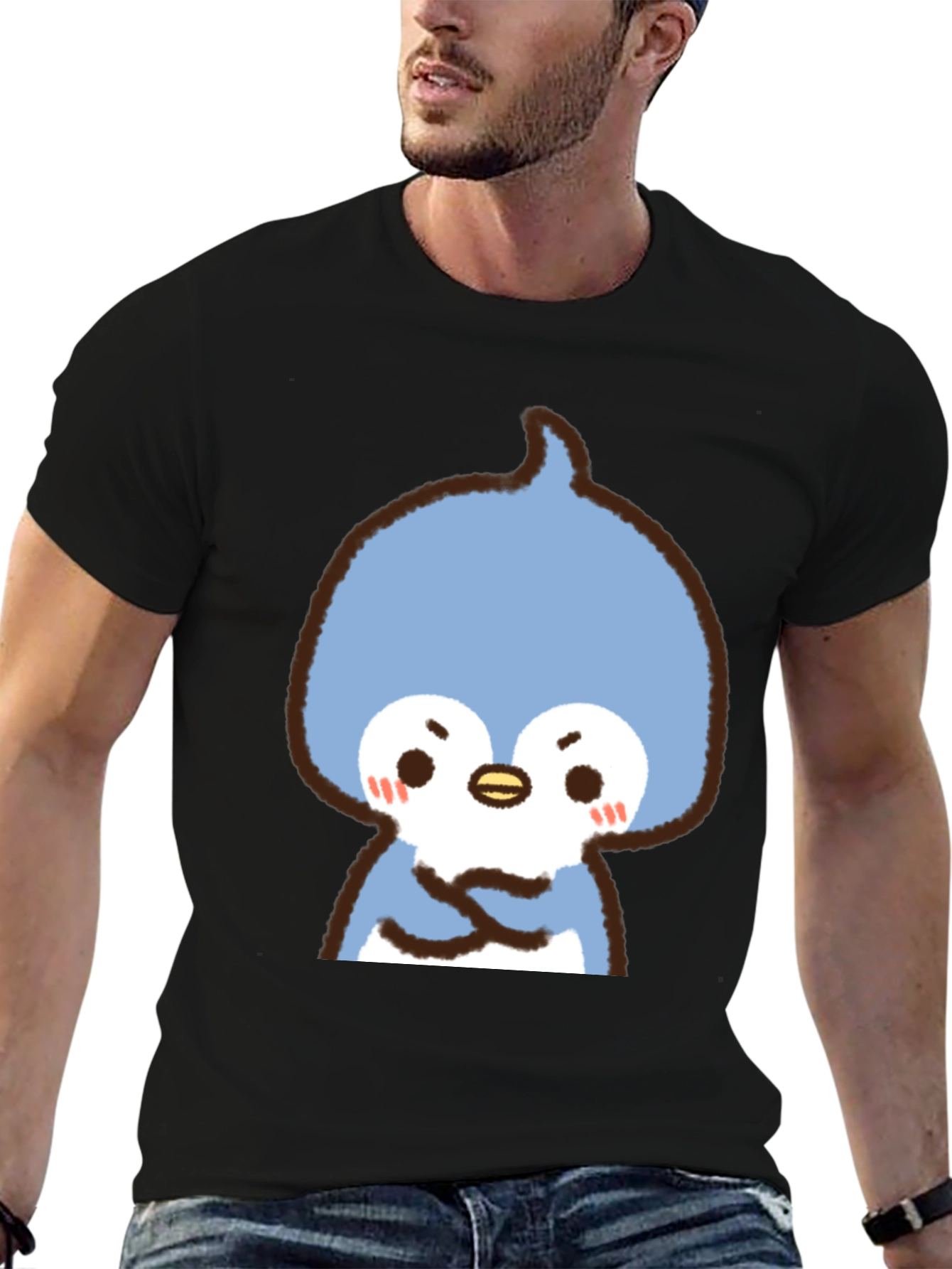 Cute Cartoon Penguin Graphic Tee - Black