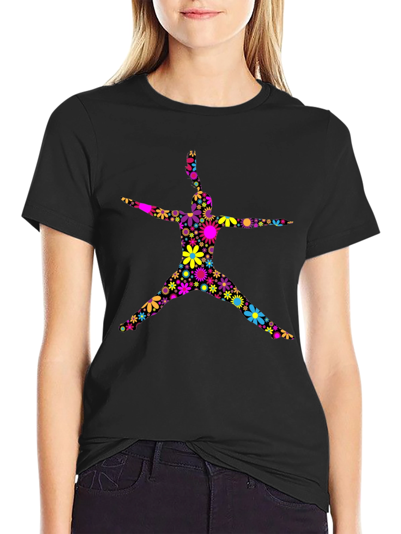 Floral Silhouette Graphic T-Shirt - Black Cotton Blend