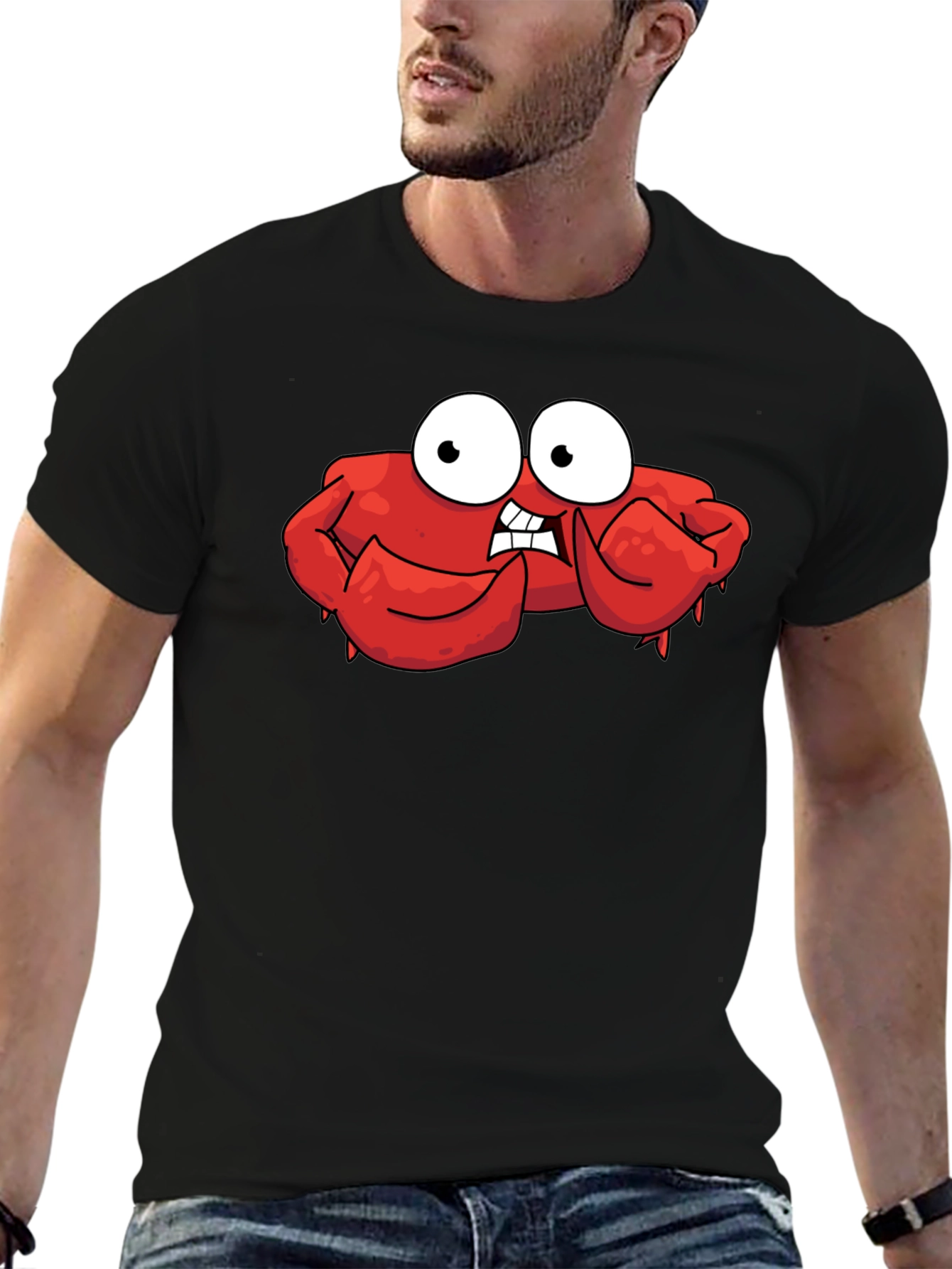 Funny Cartoon Crab Graphic Black T-Shirt