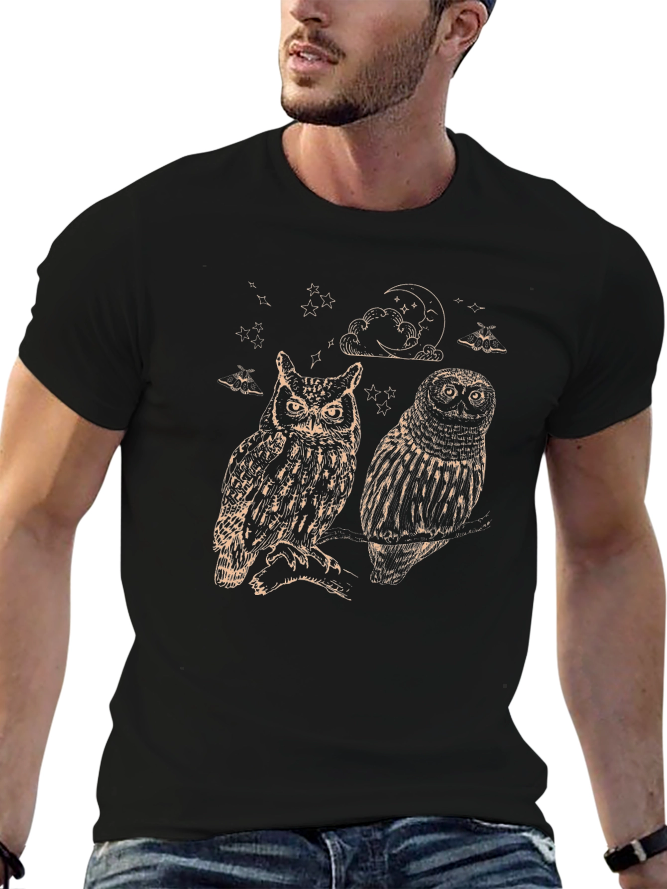 Two Owls Graphic Print Black T-Shirt