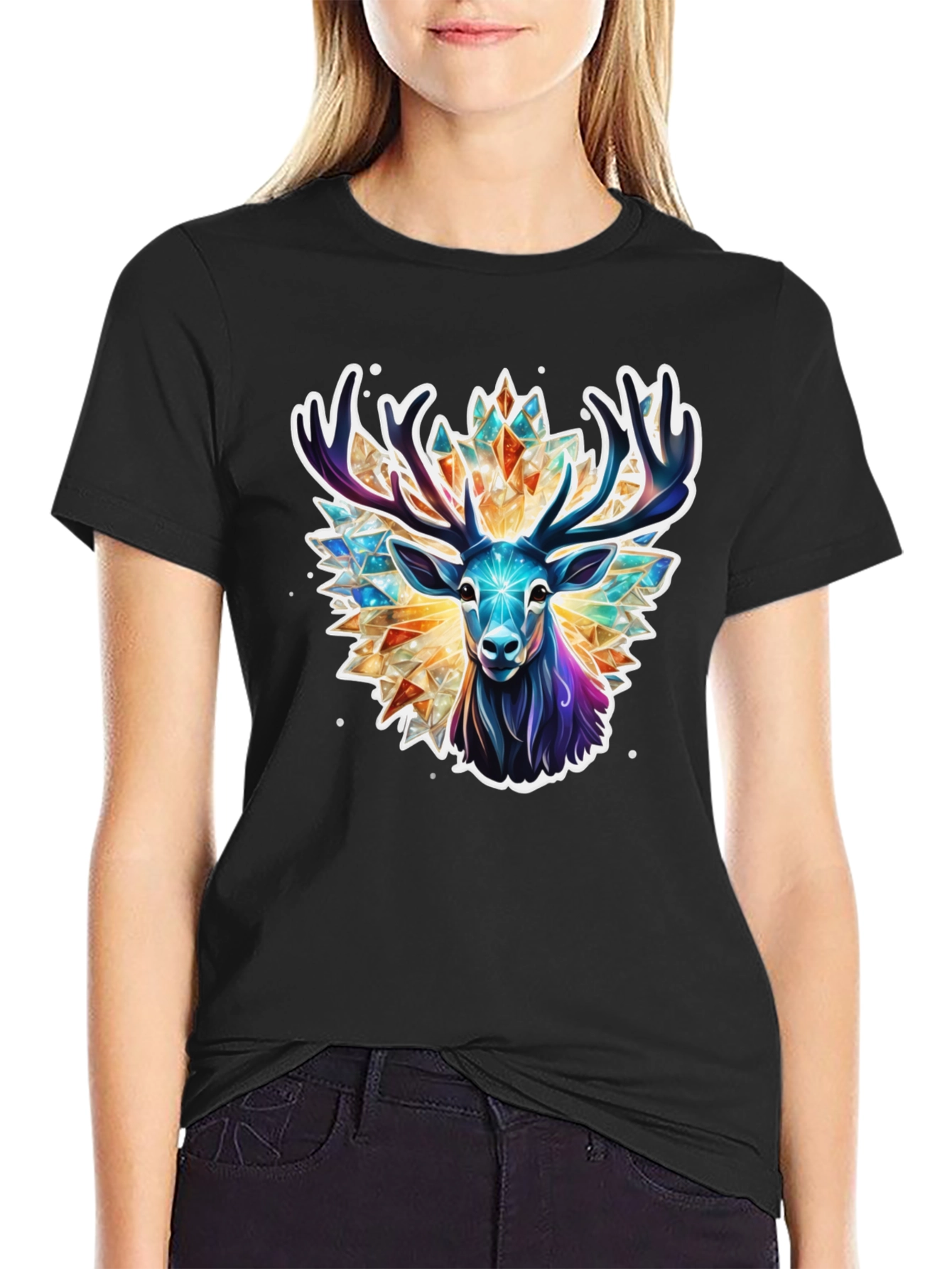 Geometric Deer Graphic Tee - Black