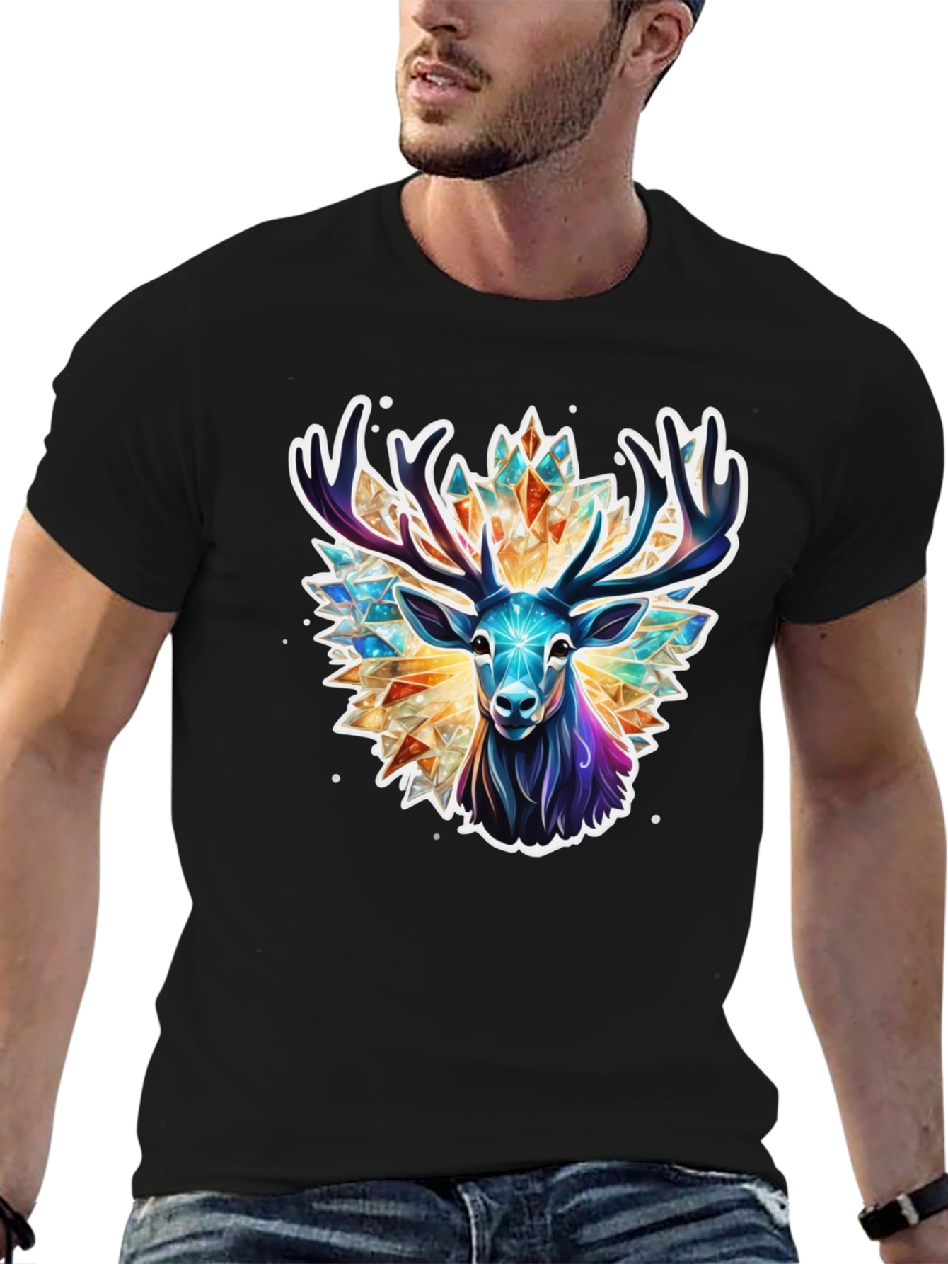 Geometric Deer Graphic Tee - Black