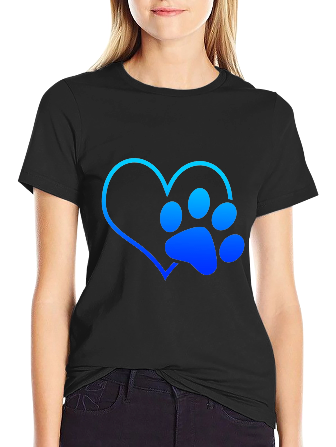 Dog Lover Heart Paw Print Graphic Tee - Black