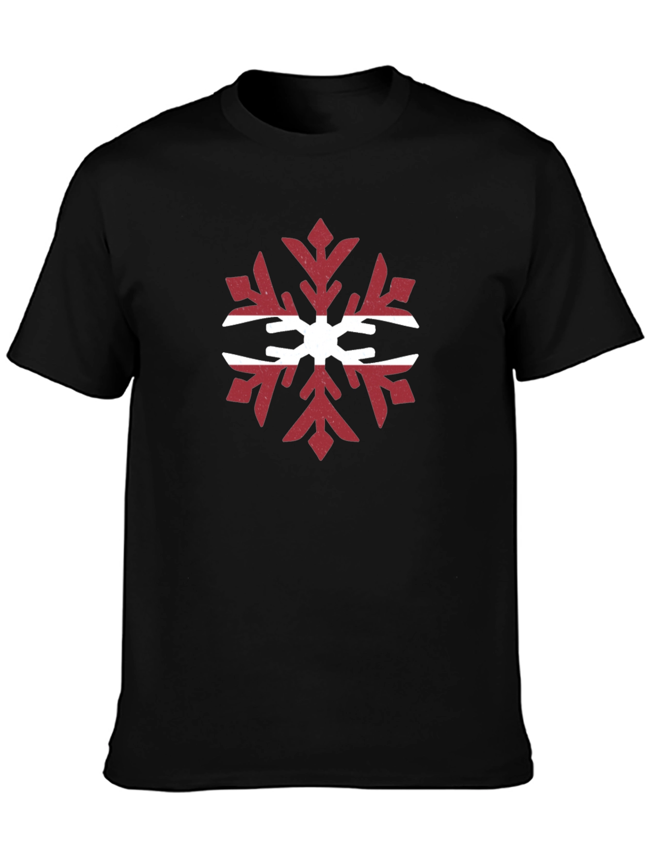 Latvian Flag Snowflake Graphic Tee - Black Cotton T-Shirt