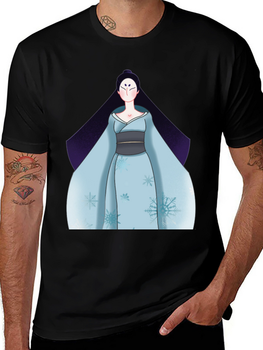 Black T-Shirt with Anime Winter Kimono Design