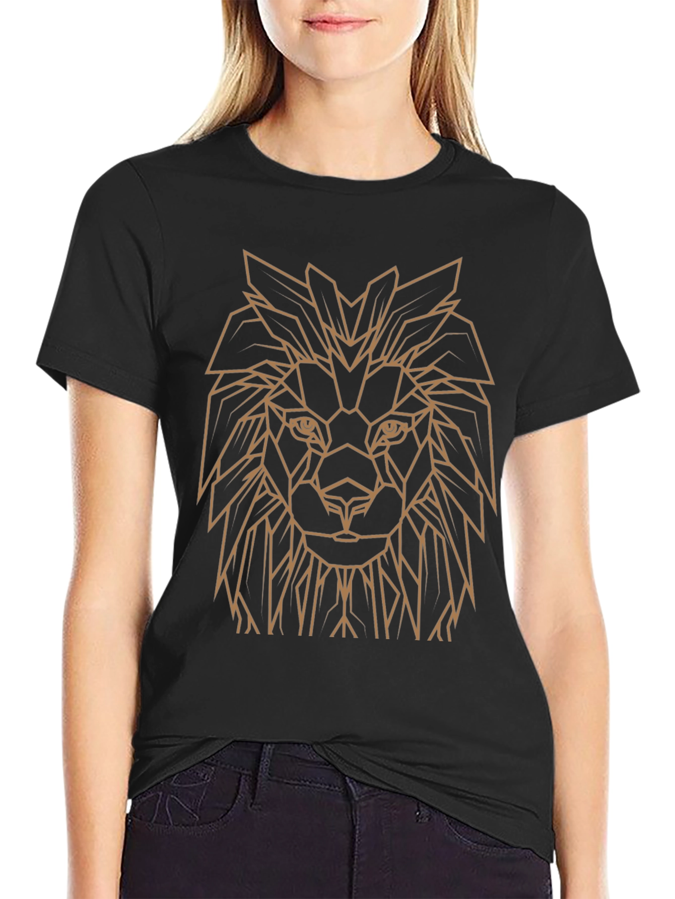 Geometric Lion Head Graphic Tee - Black