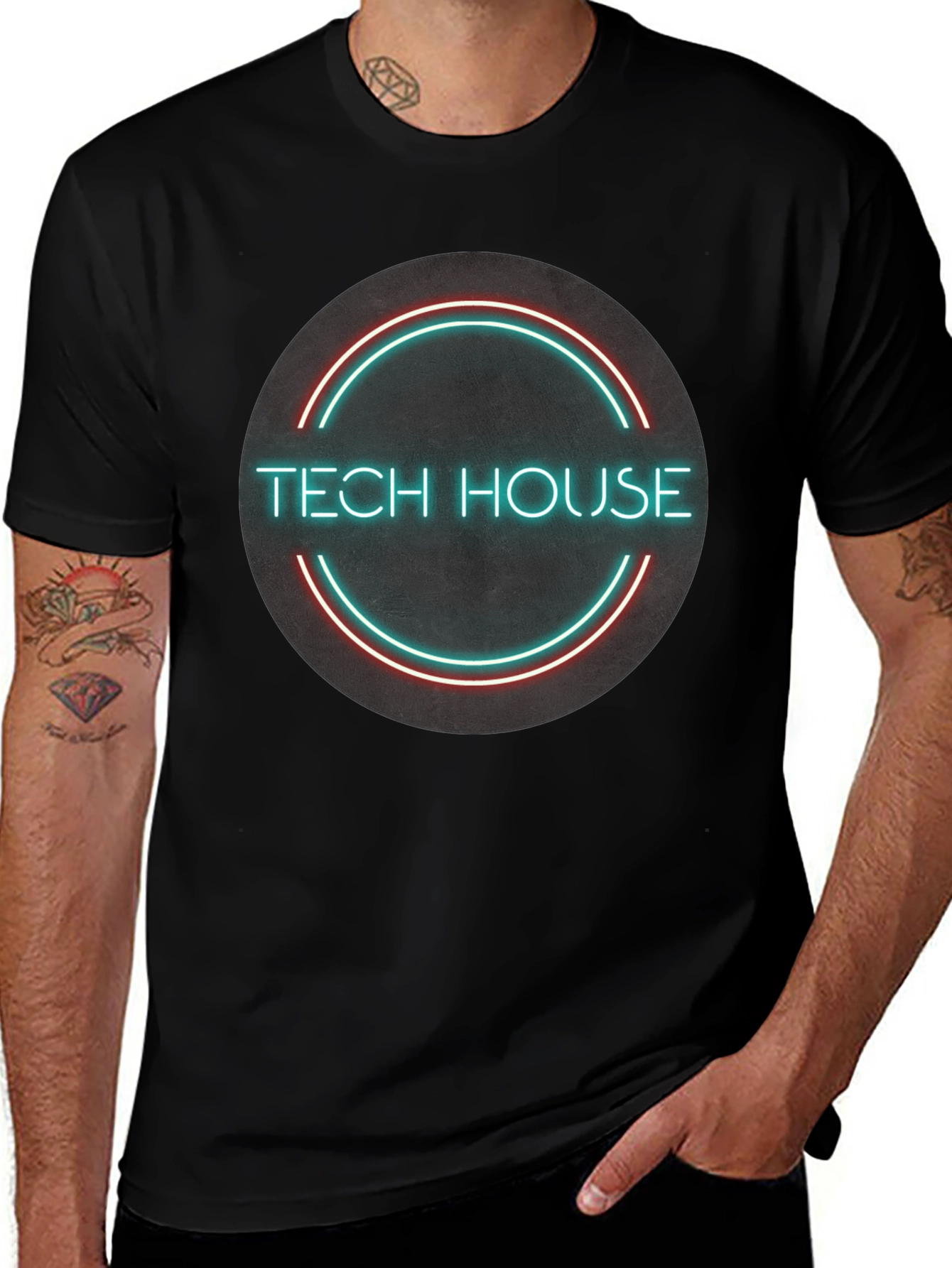 Tech House Neon Design Black T-Shirt