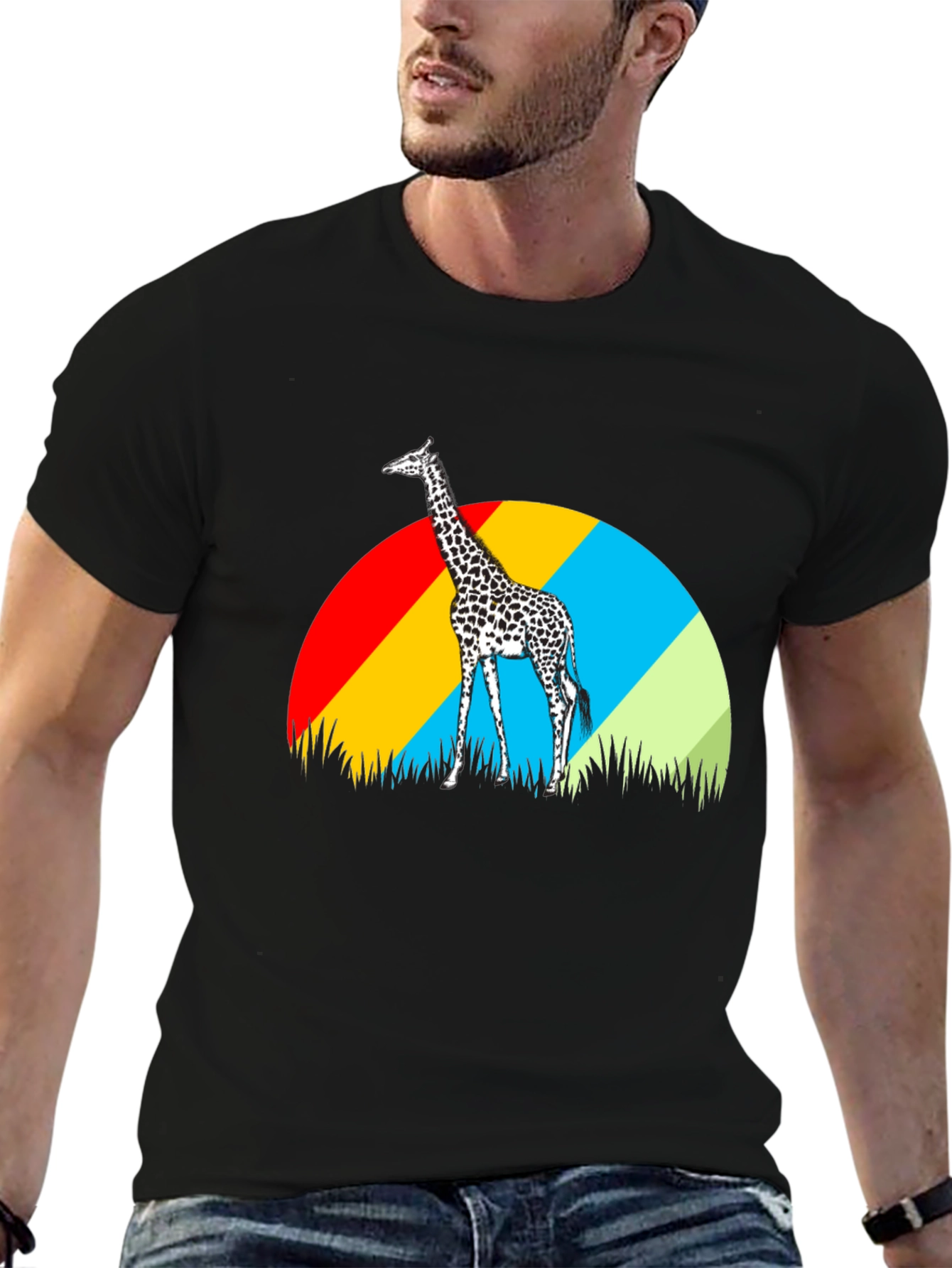 Giraffe Sunset Graphic Tee - Black Cotton T-Shirt