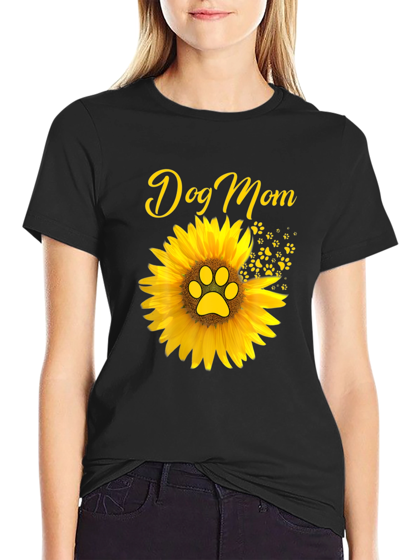 Dog Mom Sunflower Graphic Tee - Black Cotton Blend
