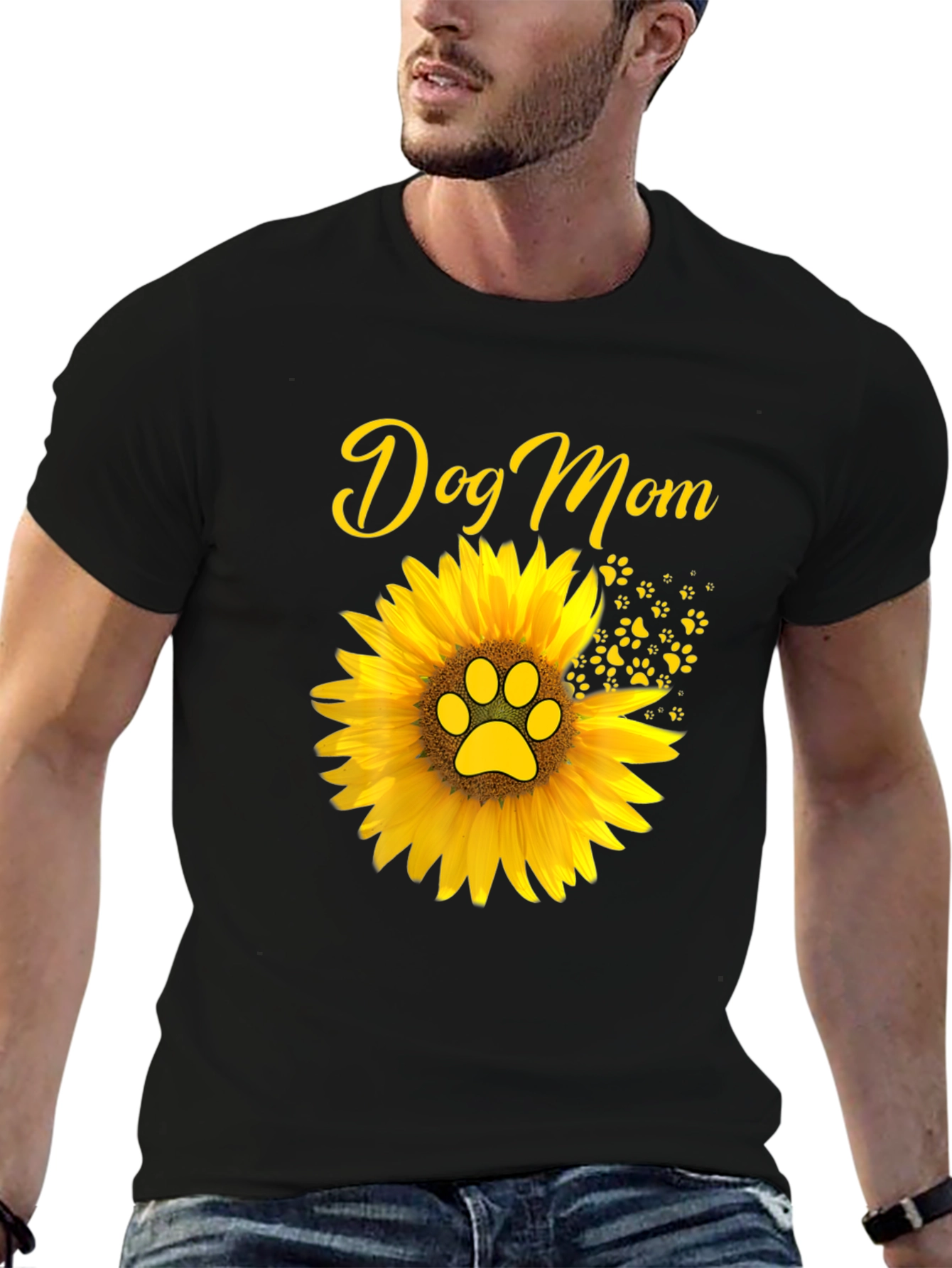 Dog Mom Sunflower Graphic Tee - Black Cotton Blend