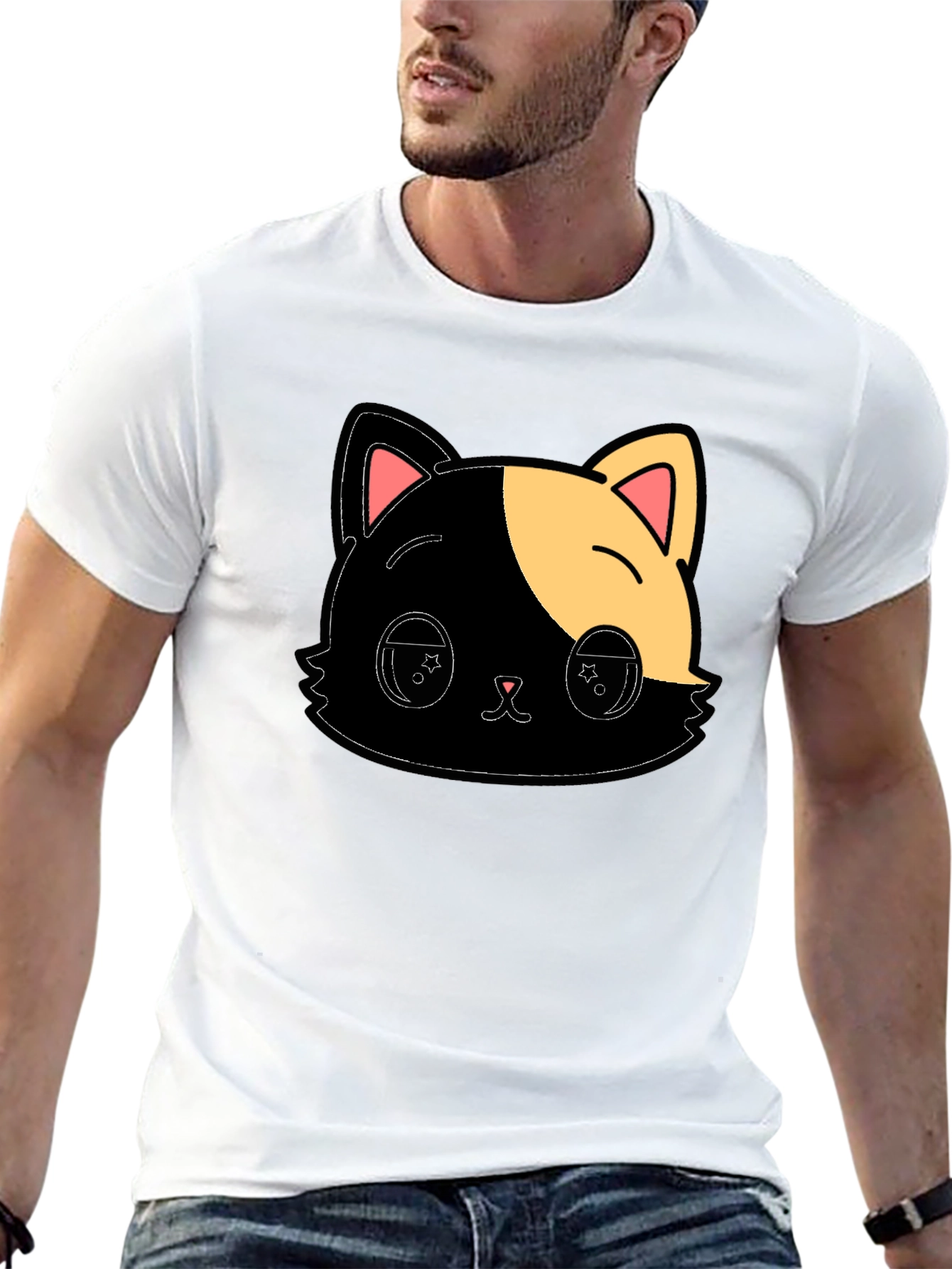 Cute Anime Cat Graphic Black T-Shirt