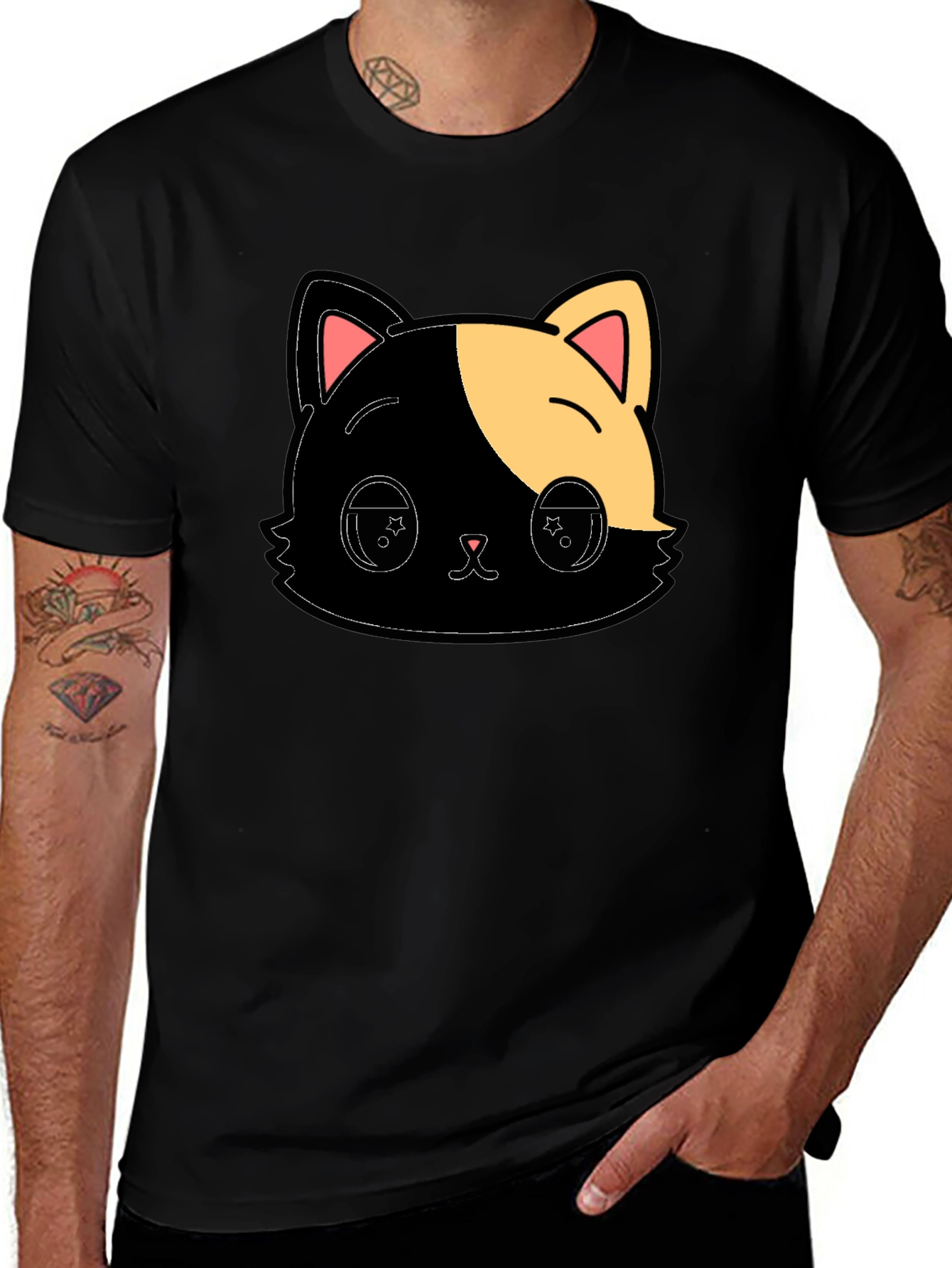 Cute Anime Cat Graphic Black T-Shirt