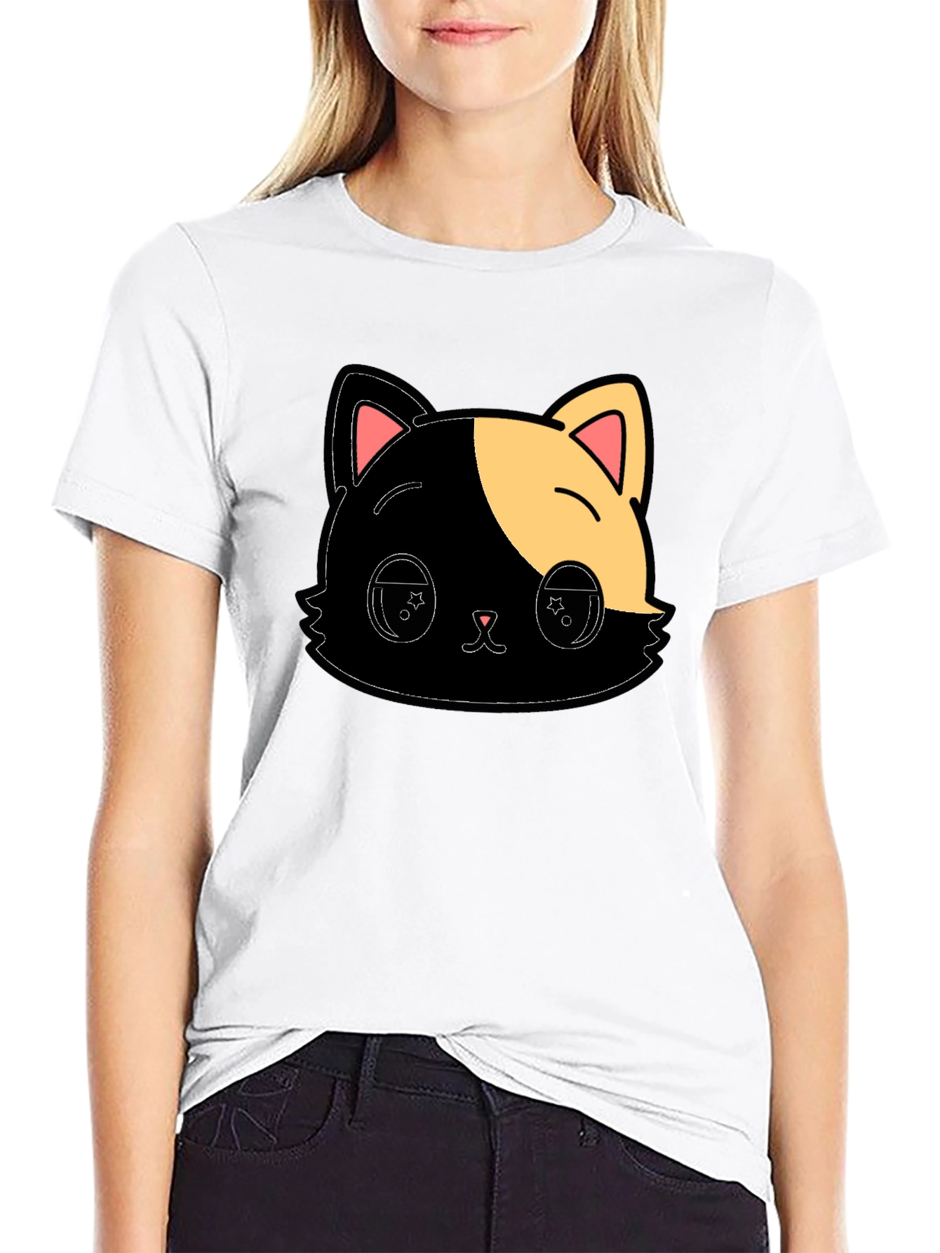 Cute Anime Cat Graphic Black T-Shirt