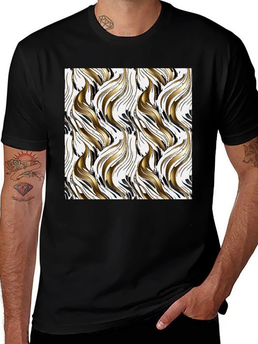 Stylish Black Tee with Abstract Gold & Black Pattern