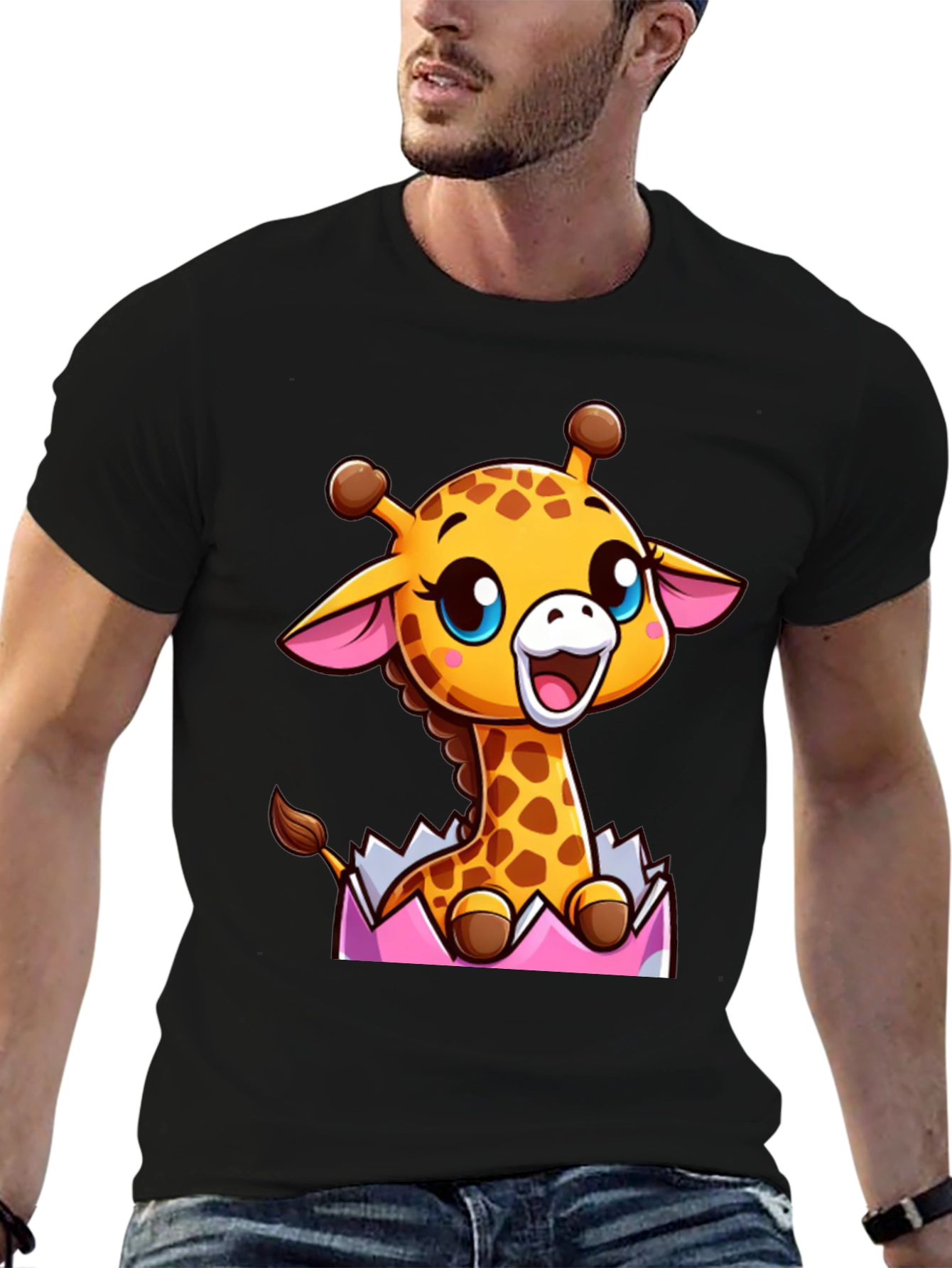 Cute Cartoon Giraffe Black T-Shirt