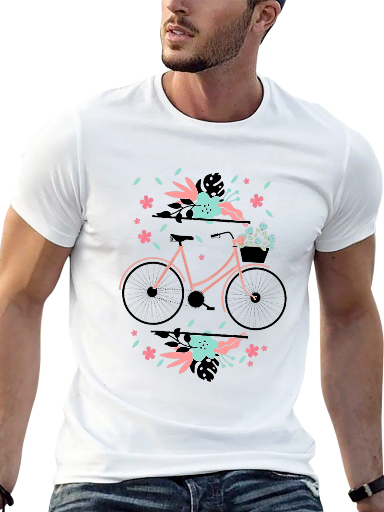 Floral Bicycle Graphic Tee - Black Cotton T-Shirt