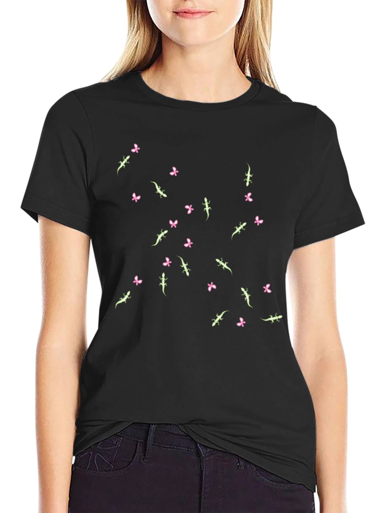 Lizard & Flower Print Black T-Shirt
