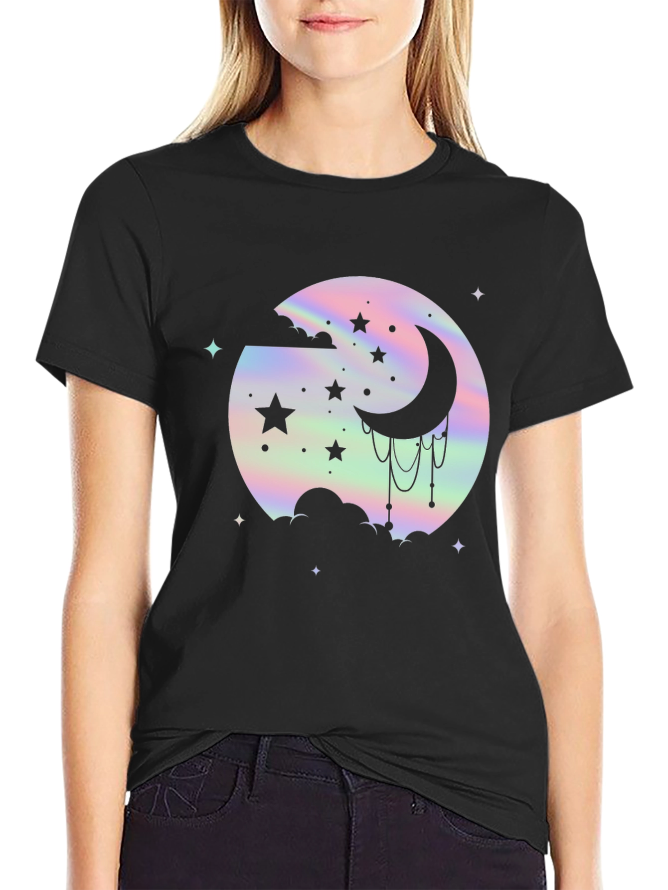 Holographic Moon & Stars Black Graphic Tee