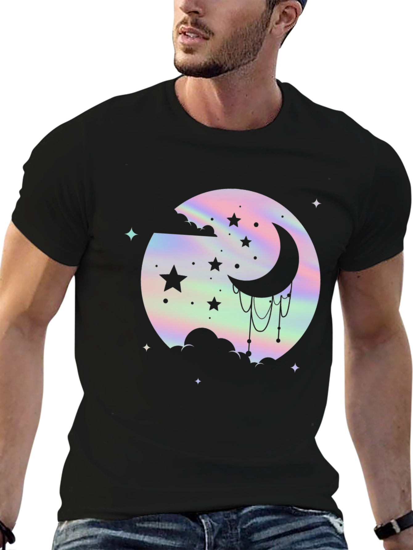 Holographic Moon & Stars Black Graphic Tee