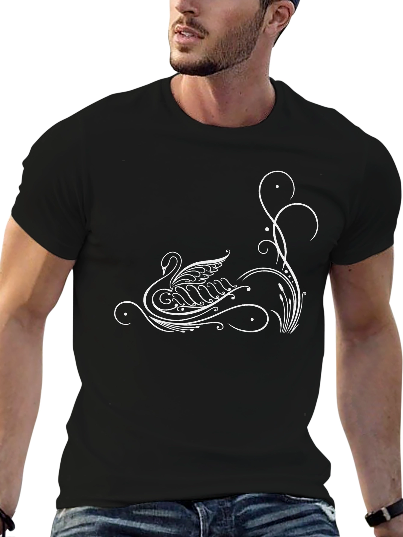 Elegant Swan Graphic Black T-Shirt