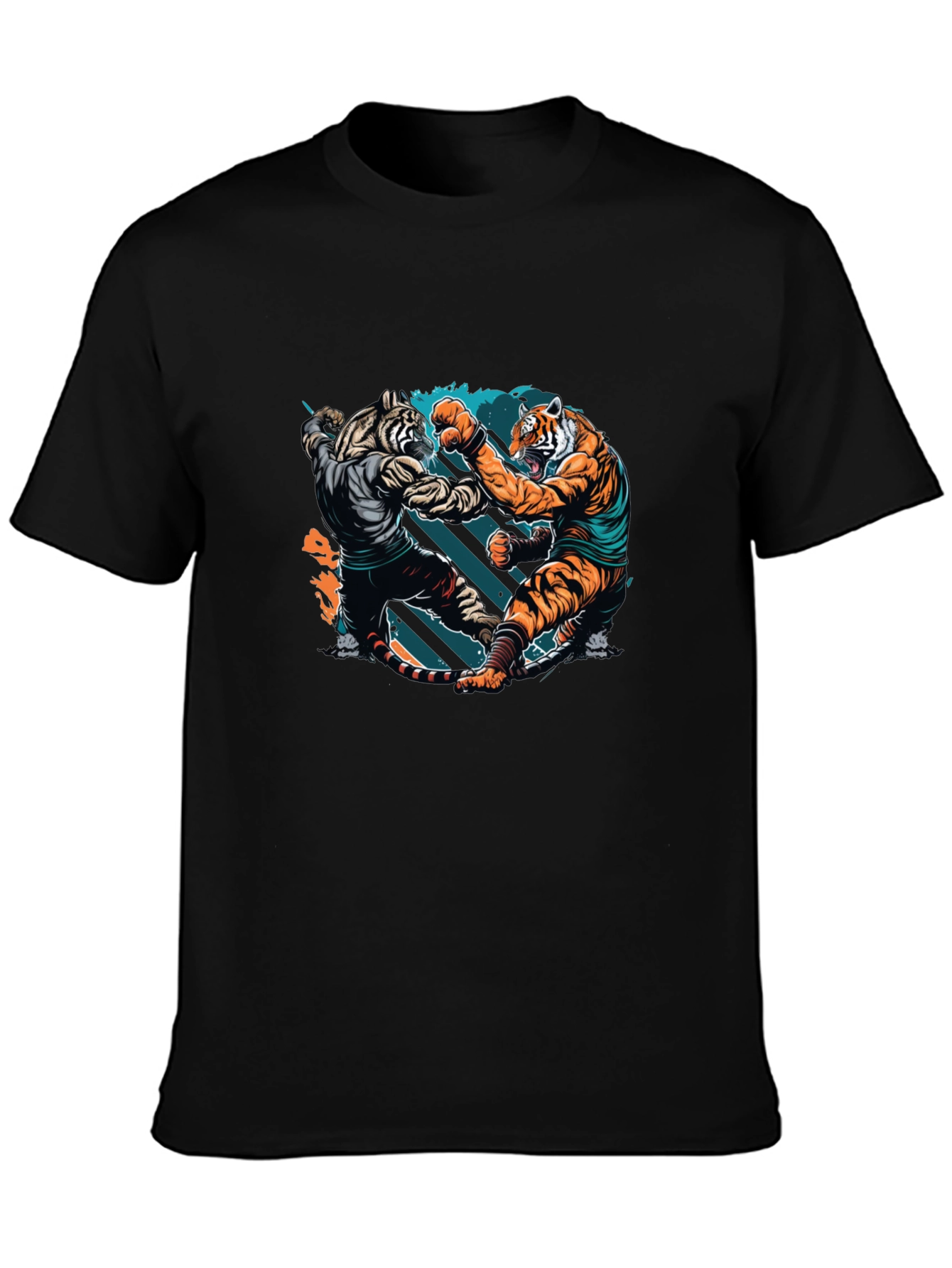 Tiger Fight Graphic Print Black T-Shirt