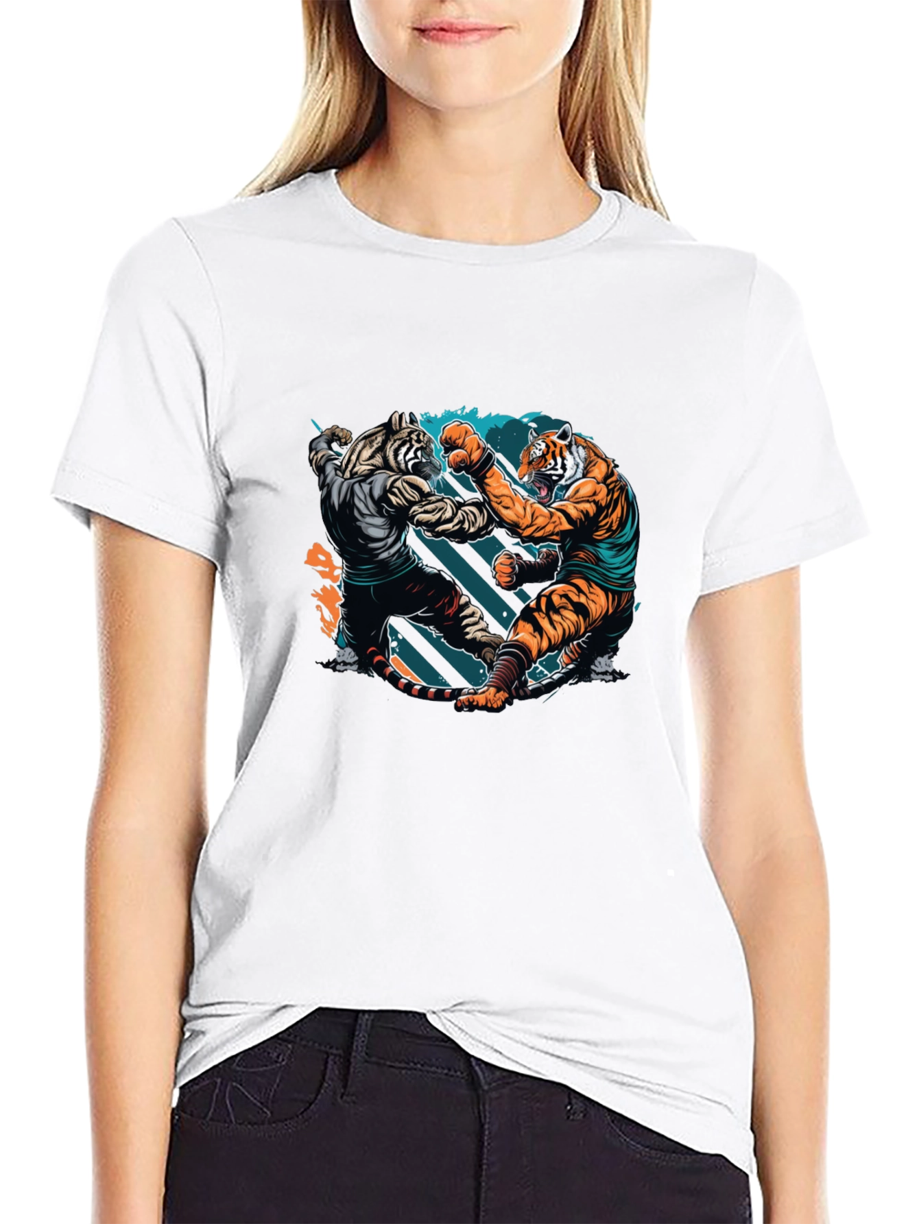 Tiger Fight Graphic Print Black T-Shirt