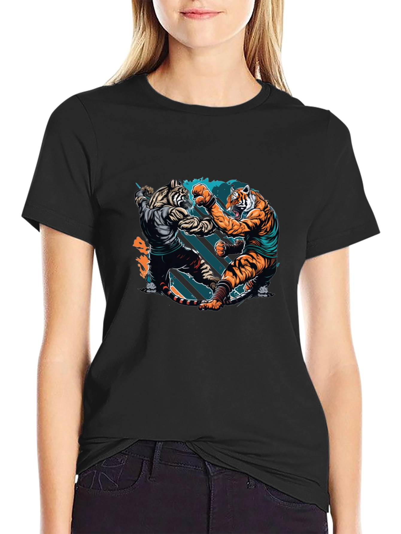 Tiger Fight Graphic Print Black T-Shirt