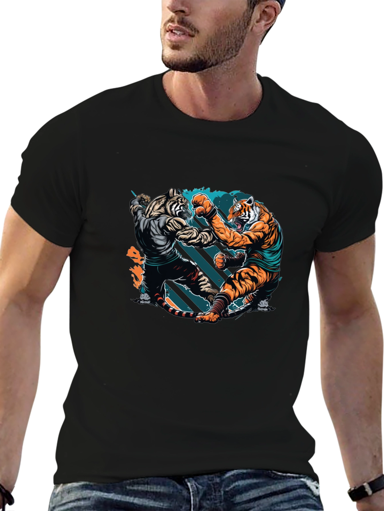 Tiger Fight Graphic Print Black T-Shirt