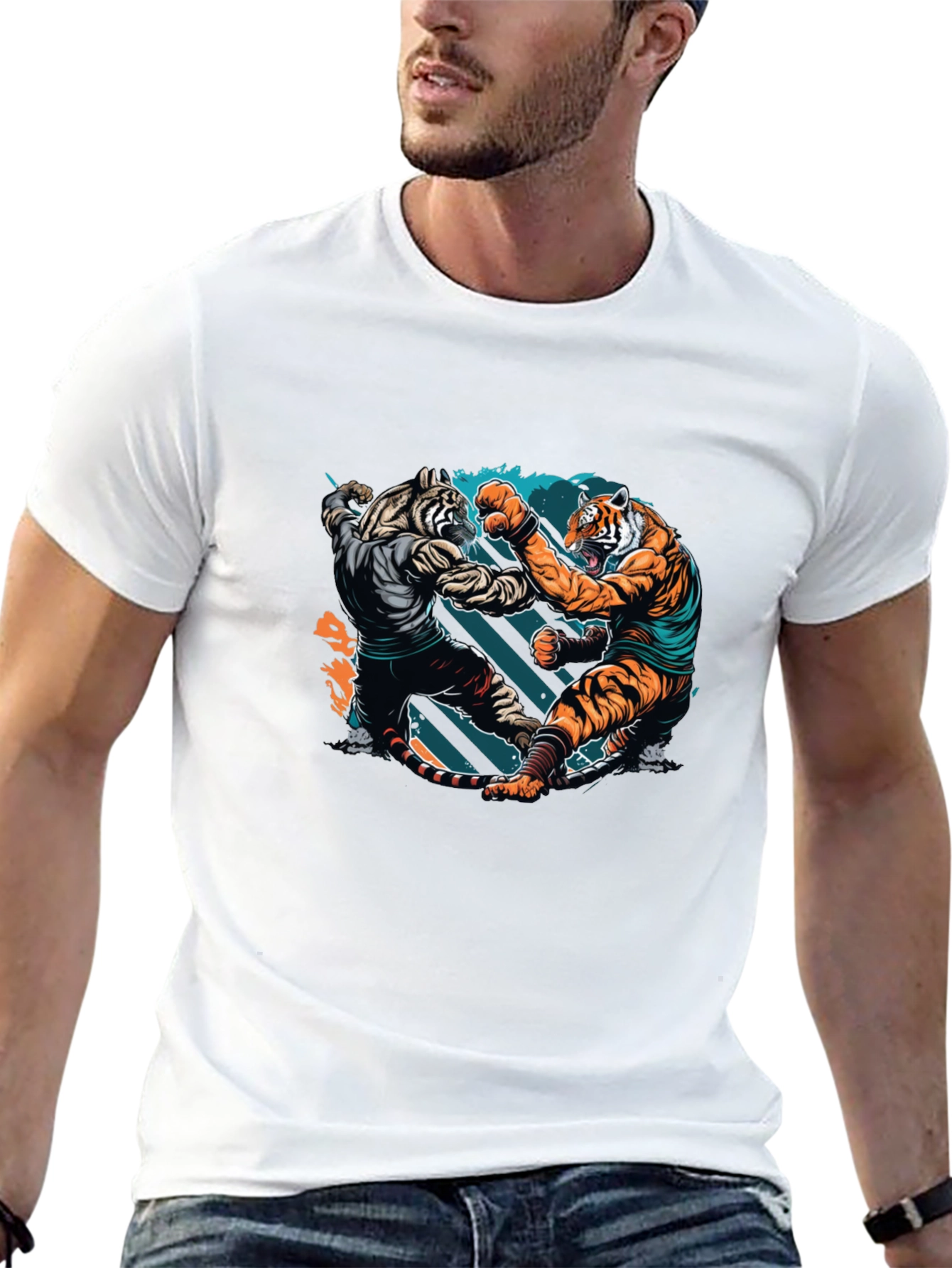 Tiger Fight Graphic Print Black T-Shirt