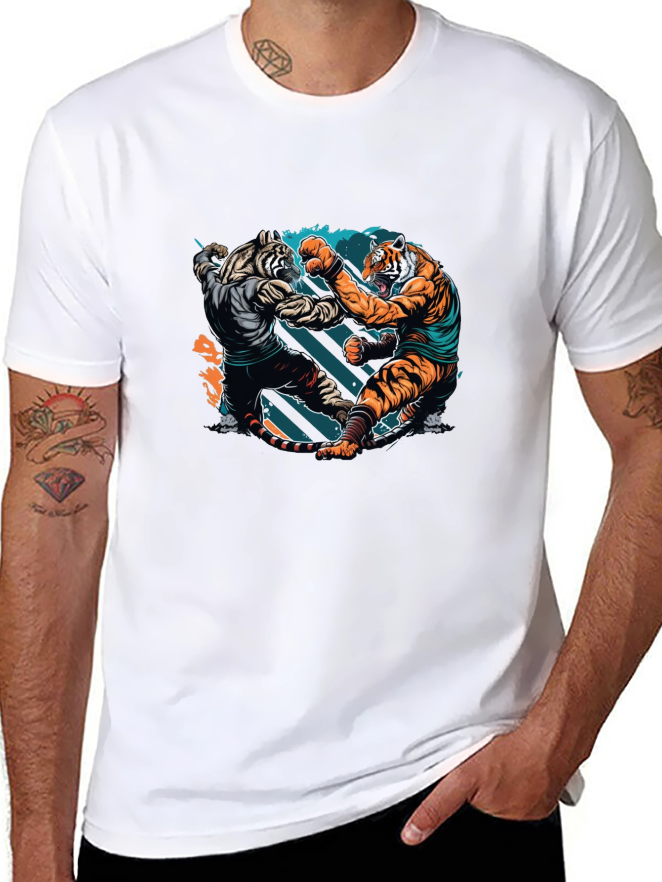 Tiger Fight Graphic Print Black T-Shirt