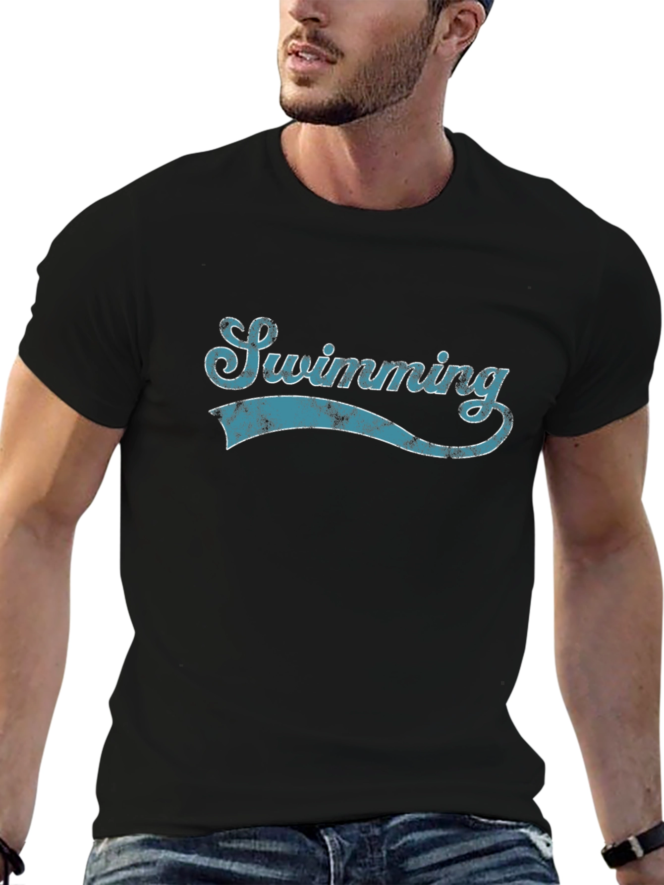 Swimming Tee - Retro Style Black Cotton T-Shirt