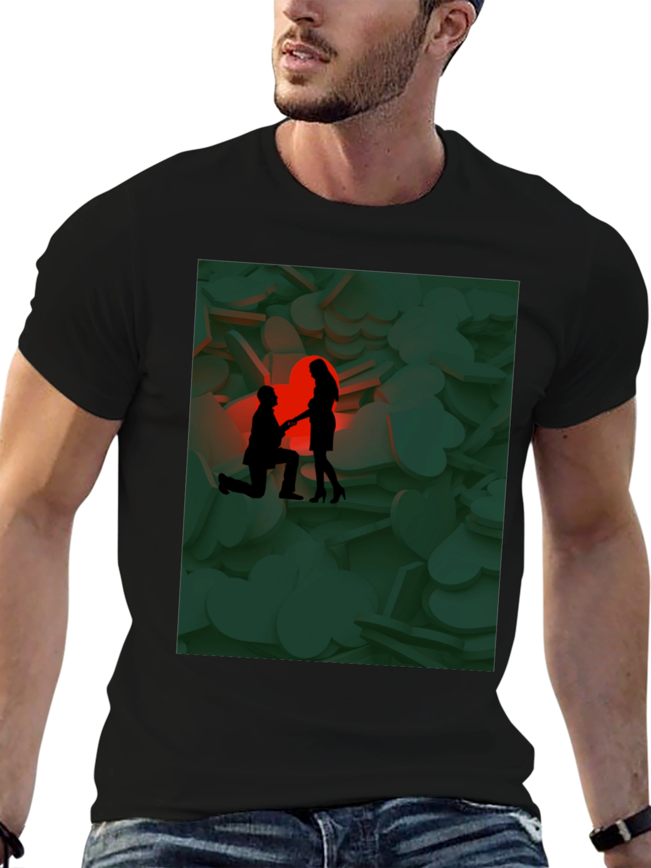 Romantic Proposal Graphic Tee - Stylish Black T-Shirt
