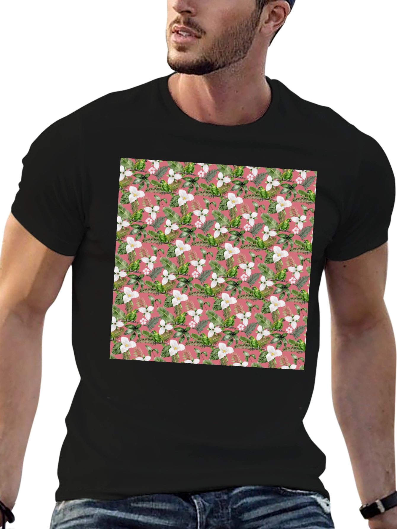 Floral Pattern Mens Black T-Shirt