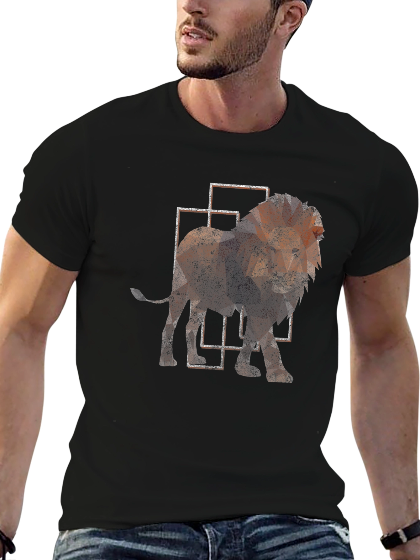 Geometric Lion Print Black T-Shirt