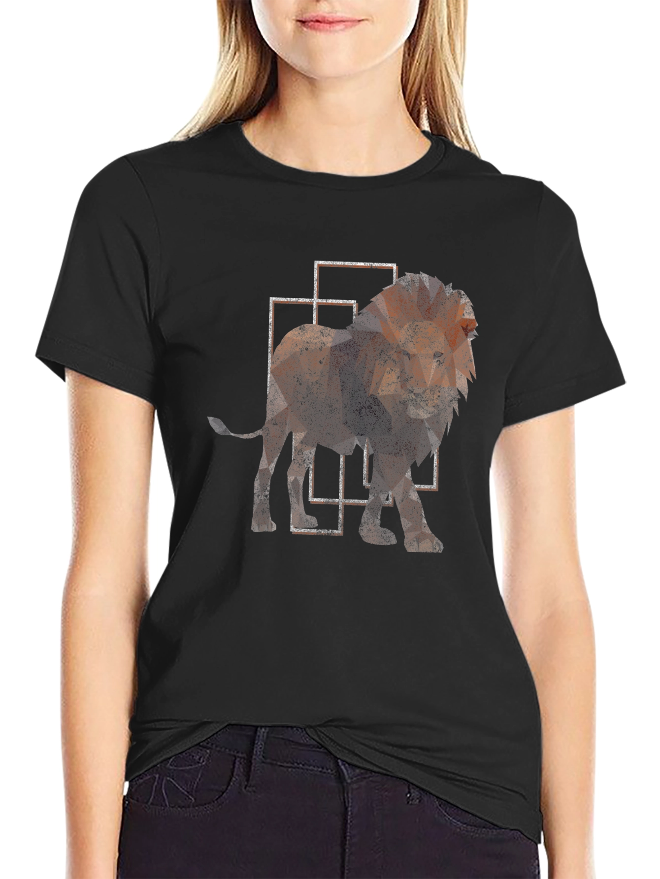 Geometric Lion Print Black T-Shirt