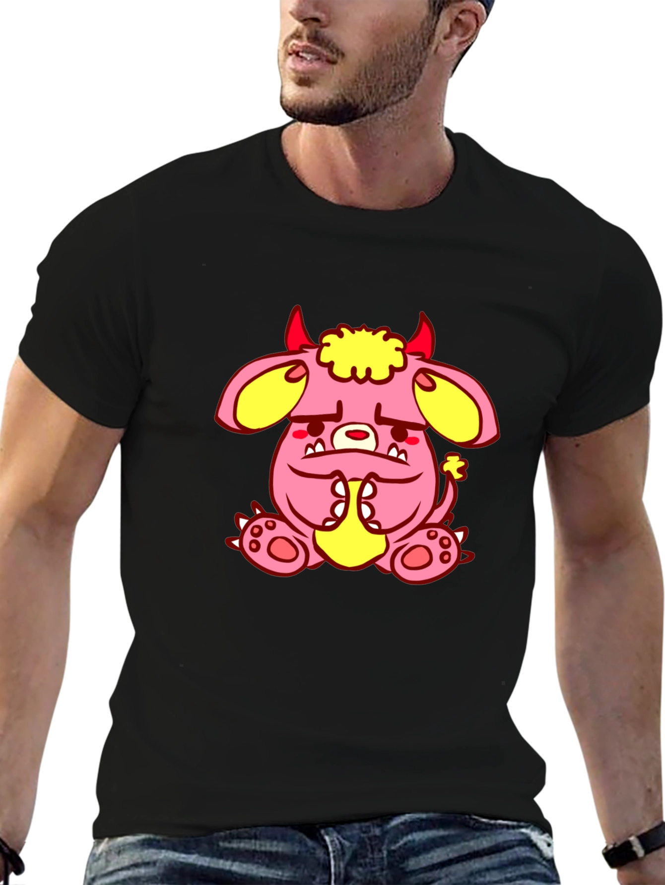 Pink Monster Graphic Tee - Black Cotton T-Shirt
