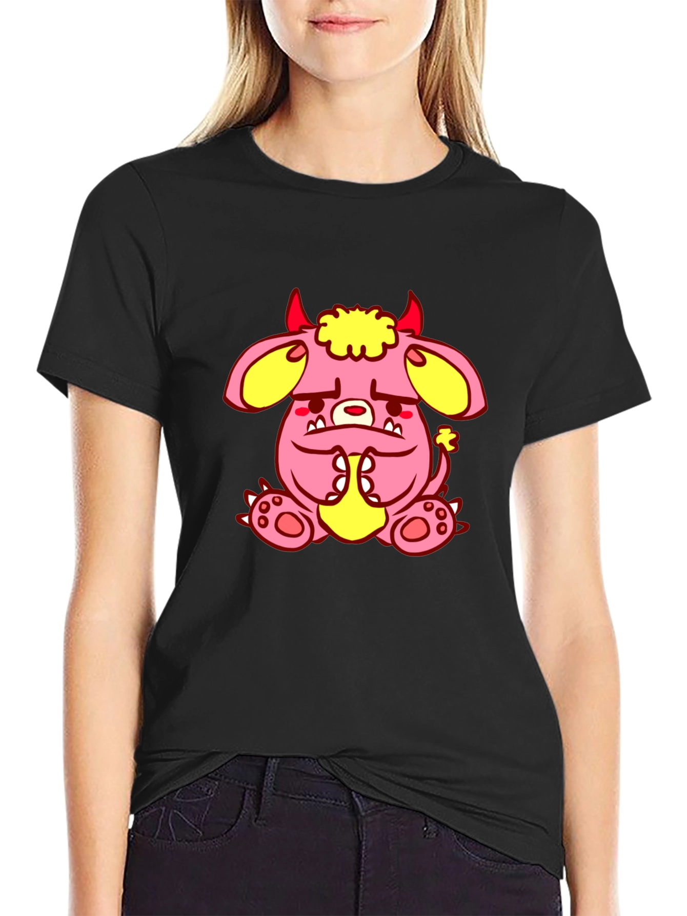 Pink Monster Graphic Tee - Black Cotton T-Shirt