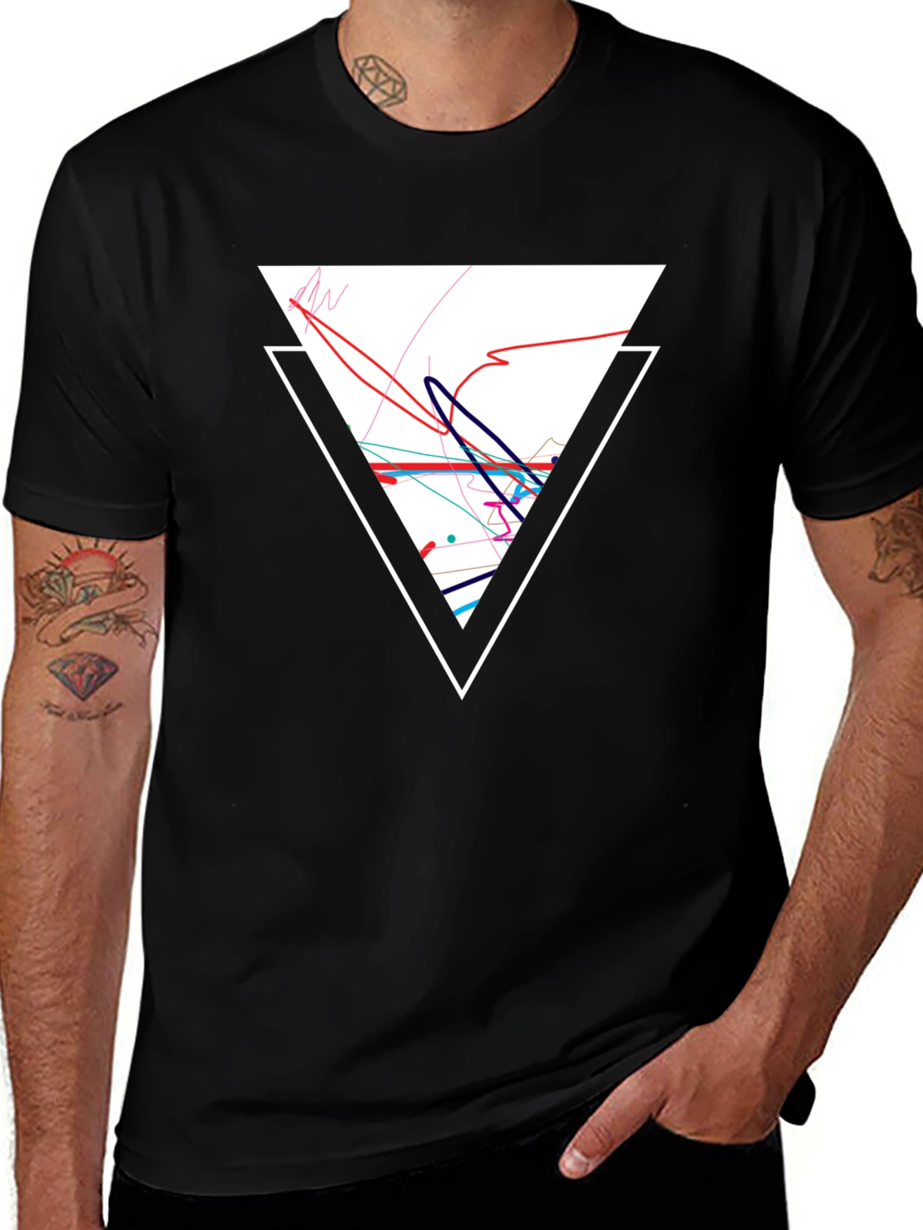 Geometric Triangle Graphic Tee - Black Cotton Casual Shirt