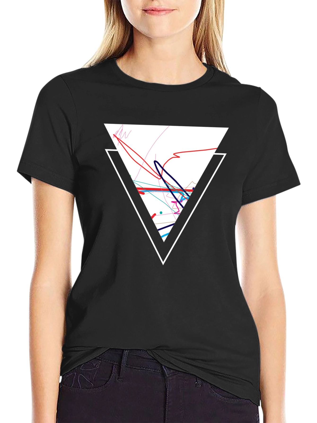 Geometric Triangle Graphic Tee - Black Cotton Casual Shirt