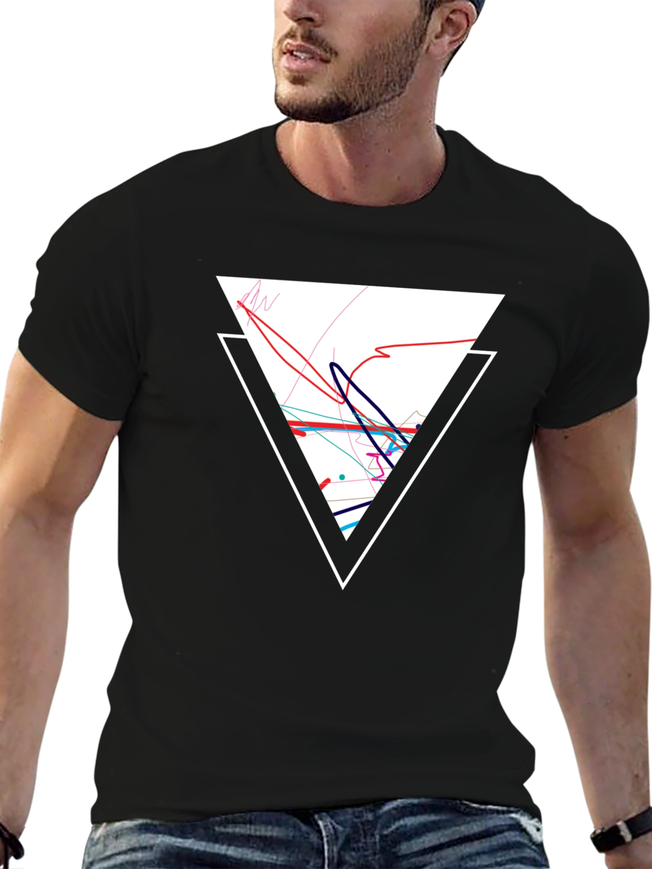 Geometric Triangle Graphic Tee - Black Cotton Casual Shirt