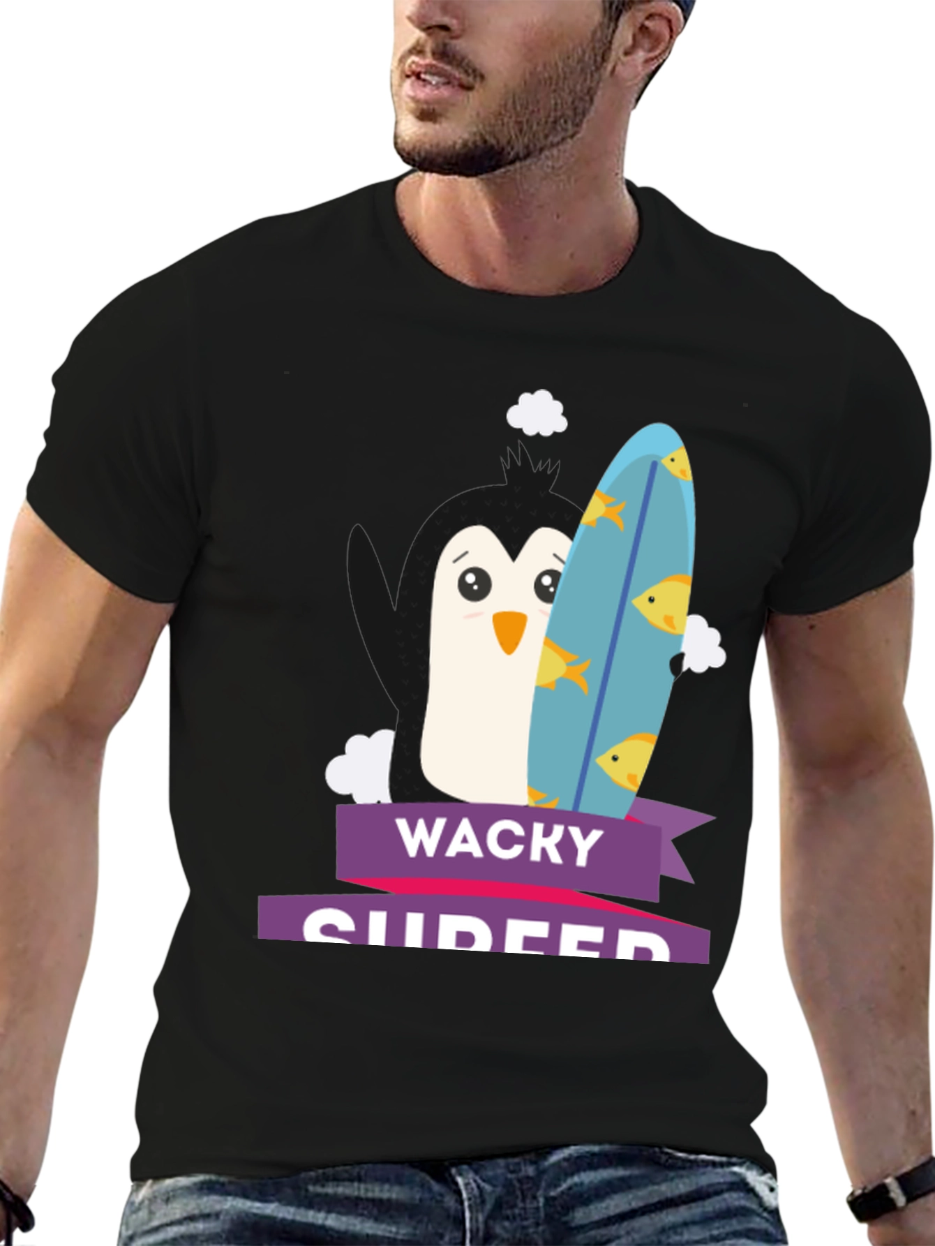 Wacky Surfer Penguin Graphic Tee - Black Cotton T-Shirt