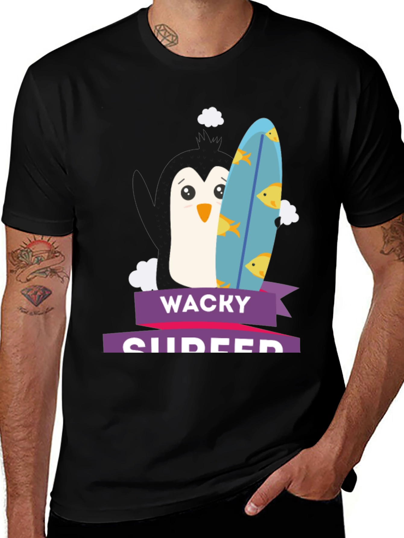 Wacky Surfer Penguin Graphic Tee - Black Cotton T-Shirt