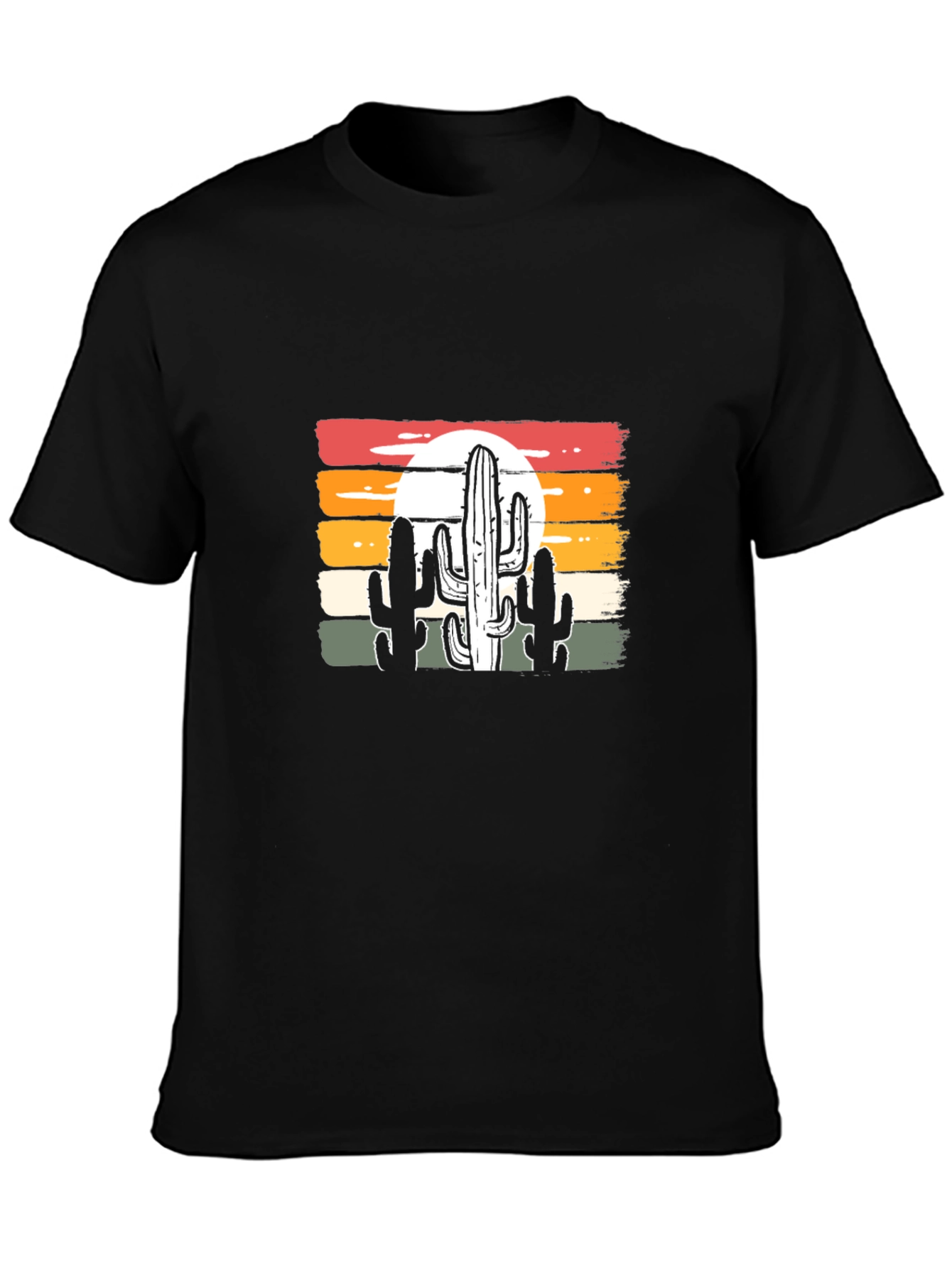 Retro Sunset Cactus Graphic Tee - Black Cotton Blend