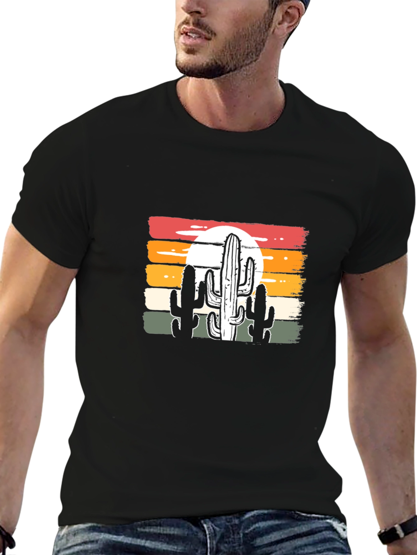 Retro Sunset Cactus Graphic Tee - Black Cotton Blend