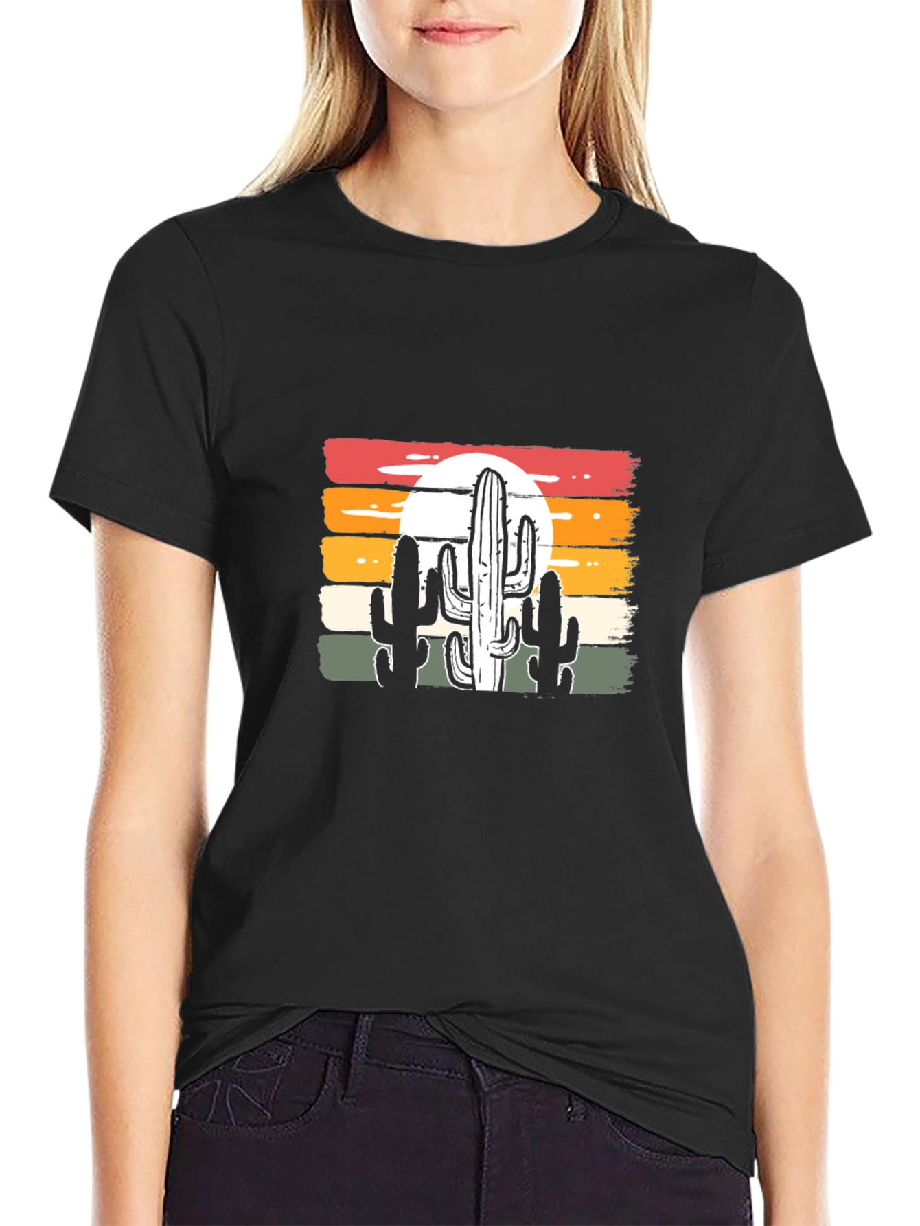 Retro Sunset Cactus Graphic Tee - Black Cotton Blend
