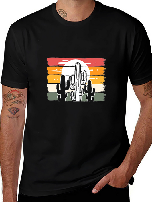 Retro Sunset Cactus Graphic Tee - Black Cotton Blend