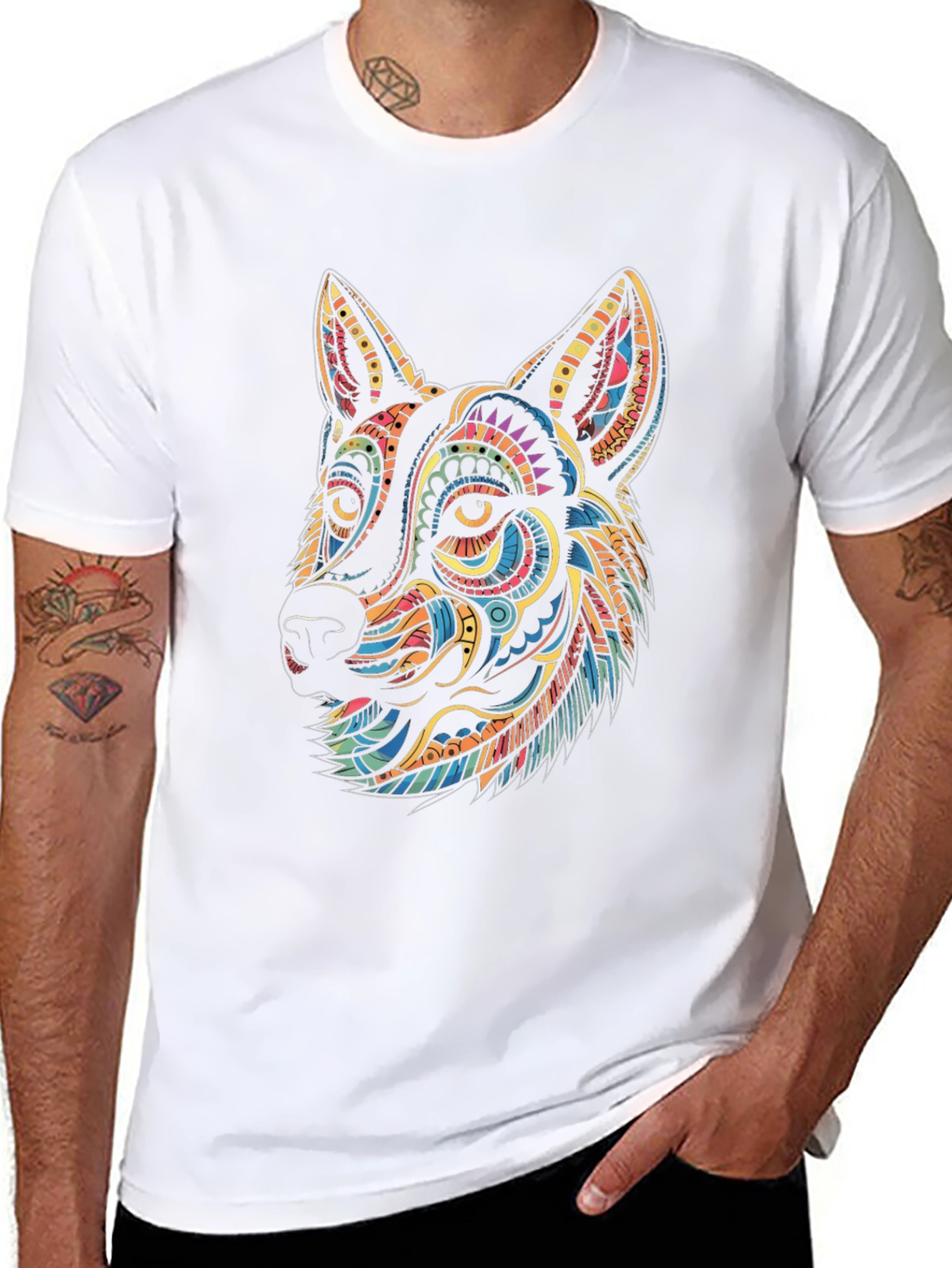 Vibrant Geometric Wolf Graphic Tee - Black