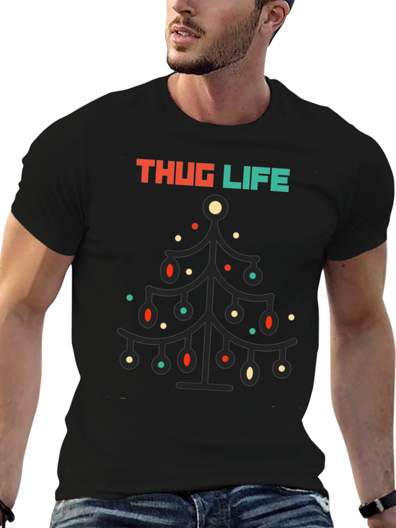Thug Life Christmas Tree Graphic Tee - Black